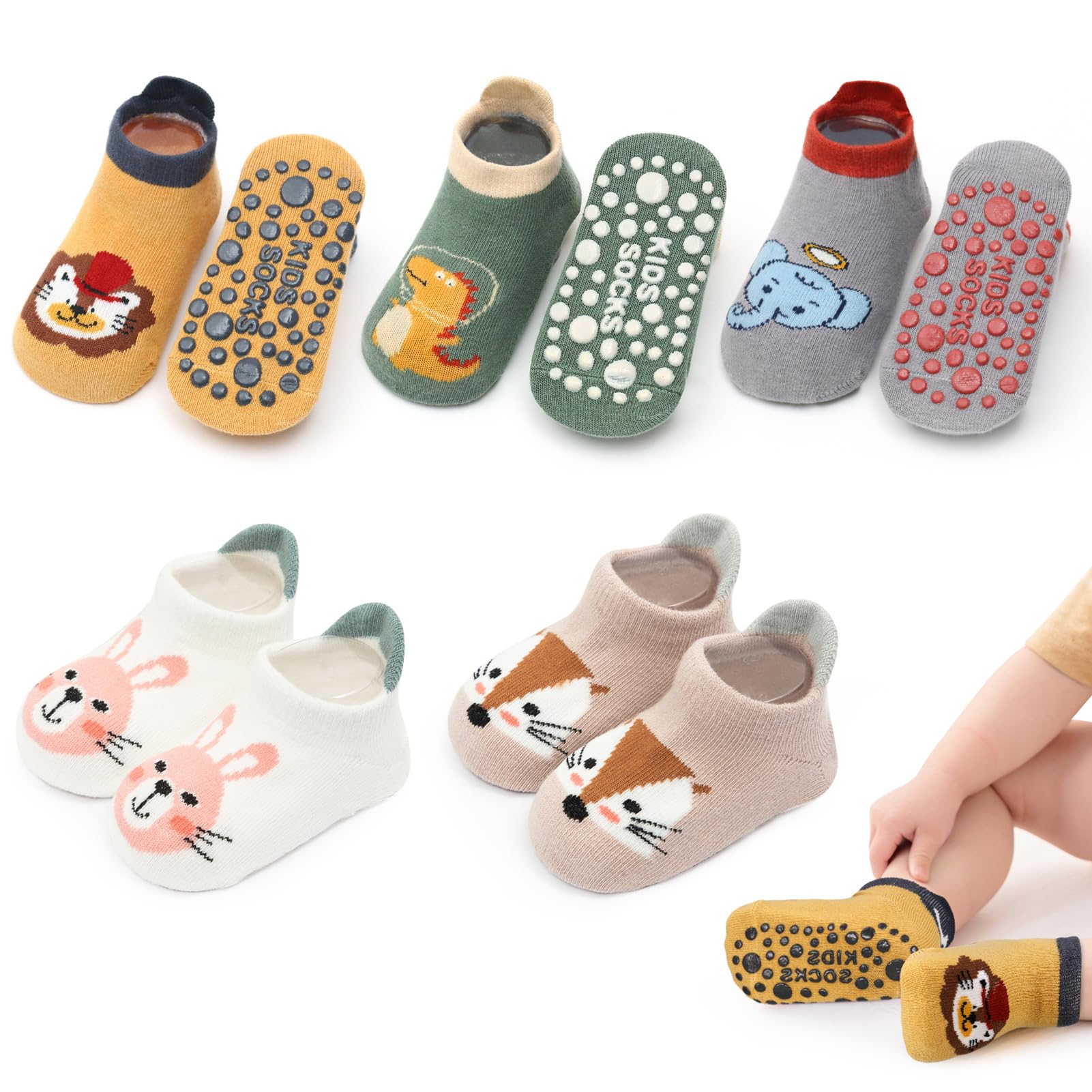 angelikashalala 5 Paar Baby rutschfeste Socken,Anti Rutsch Babysocken with Cartoon Tiermotive für Baby Mädchen Jungen Kinder Angebot bei HelloDeals