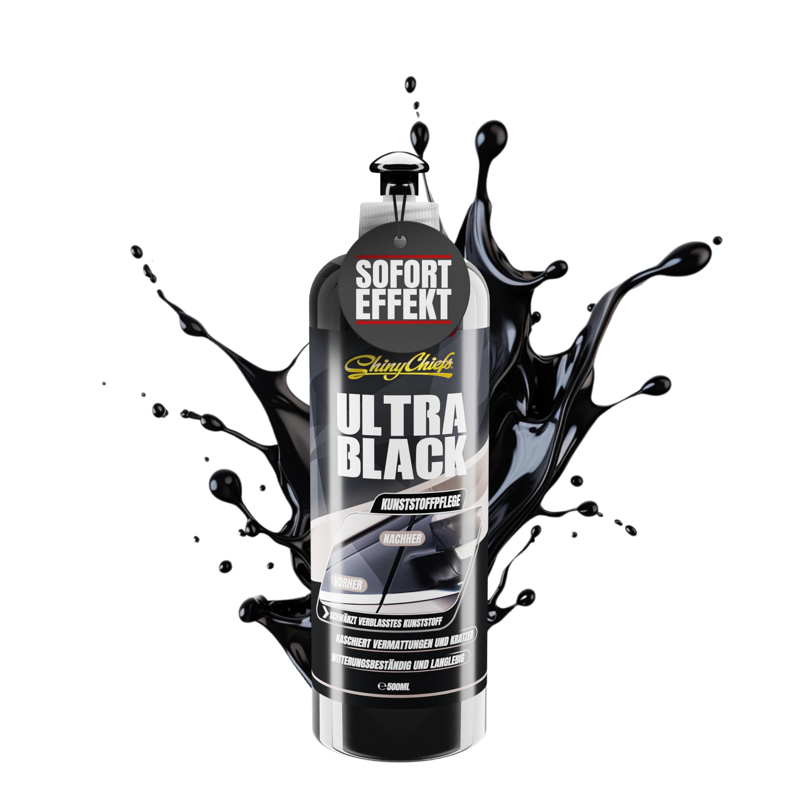 ShinyChiefs ULTRA BLACK Kunststoff Auffrischer 500ml - Auto Kunststoffpflege zur Auffrischung von Kunststoff und Gummiteilen im Außenbereich - Pflegemittel mit UV Schutz, schwarz 500 ml (1er Pack) Angebot bei HelloDeals