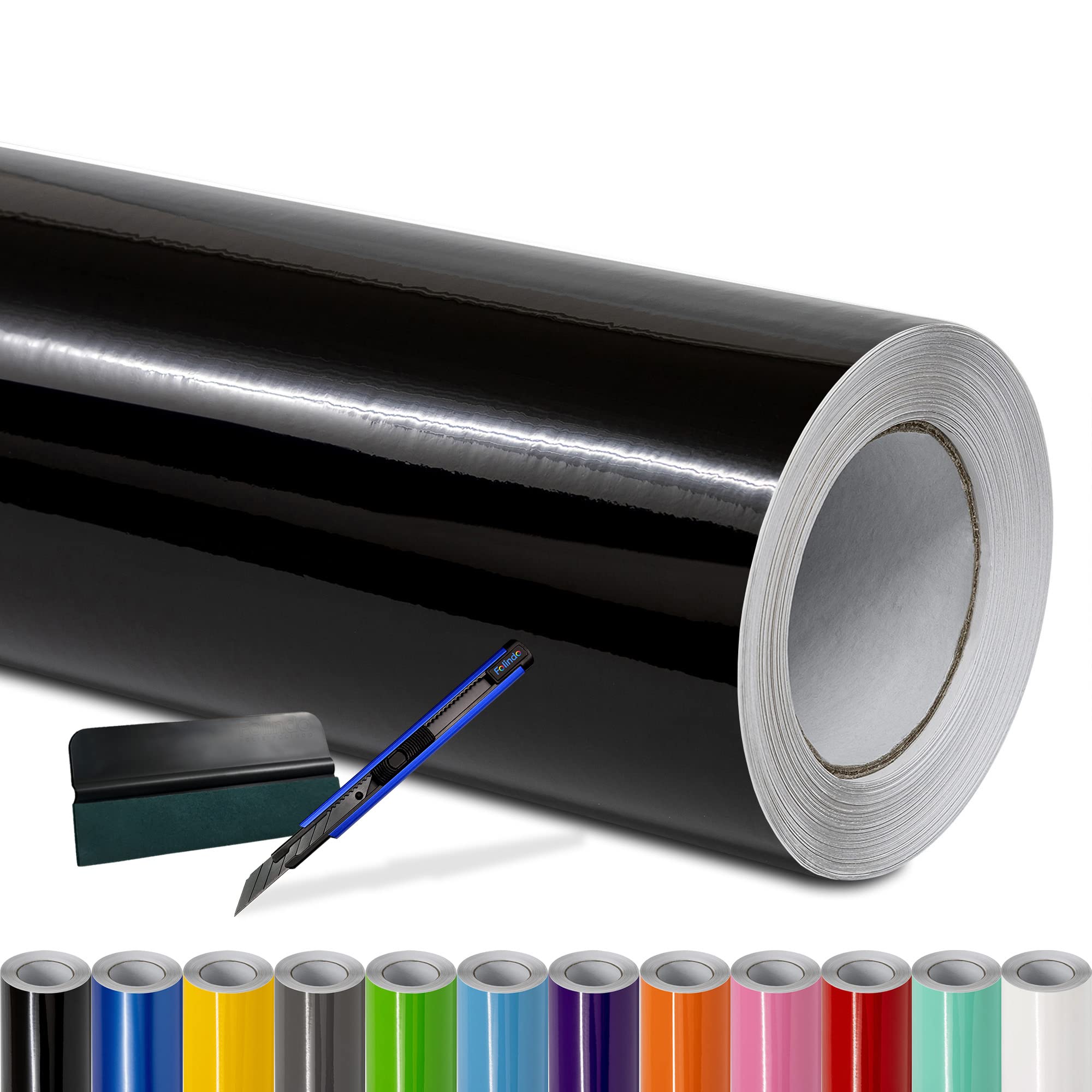 Folindo® Autofolie Schwarz Glanz (23€/m²) - 50 x 152 cm - Selbstklebende Car Wrapping Folie mit Luftkanälen - inkl. Rakel & Cutter - Blasenfreie Auto Folierung - Hochwertige Vinylfolie Schwarz Glanz 0,5m x 1,52m Angebot bei HelloDeals