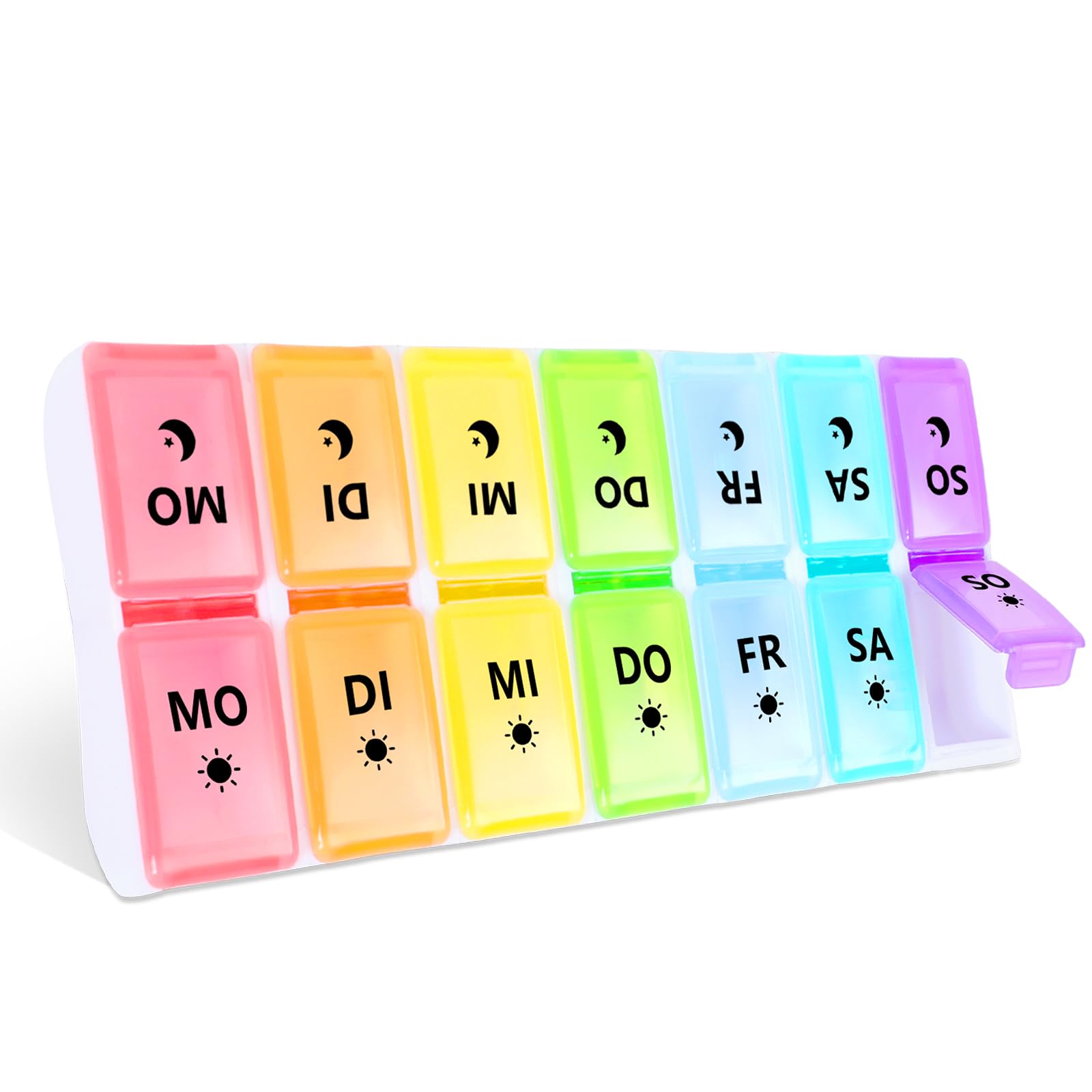 JANUIXCO Tablettenbox 7 Tage Morgens Abends - Pillendose 7 Tage 2 Fächer Abnehmbar, Frei von BPA - Medikamentenbox 14 Fächer Einfach zu Öffnen, für Unterwegs Colorful Angebot bei HelloDeals