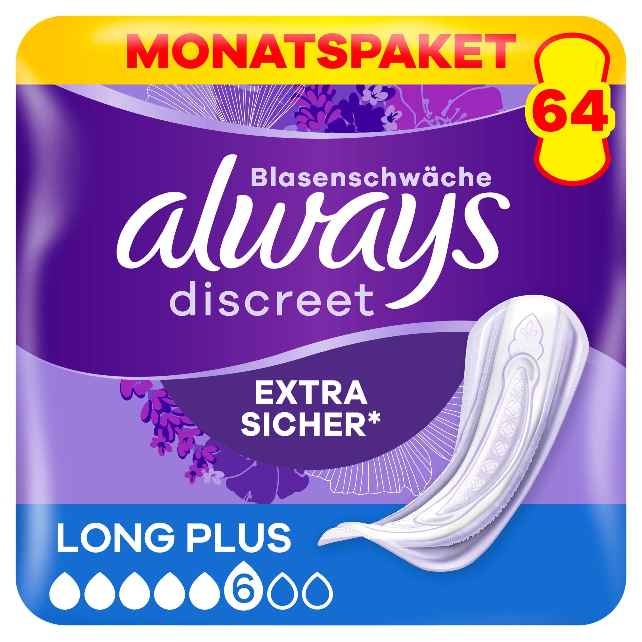Always Discreet Inkontinenzeinlagen für Frauen Long Plus 64 Stück Extra Sicher und Diskret Angebot bei HelloDeals