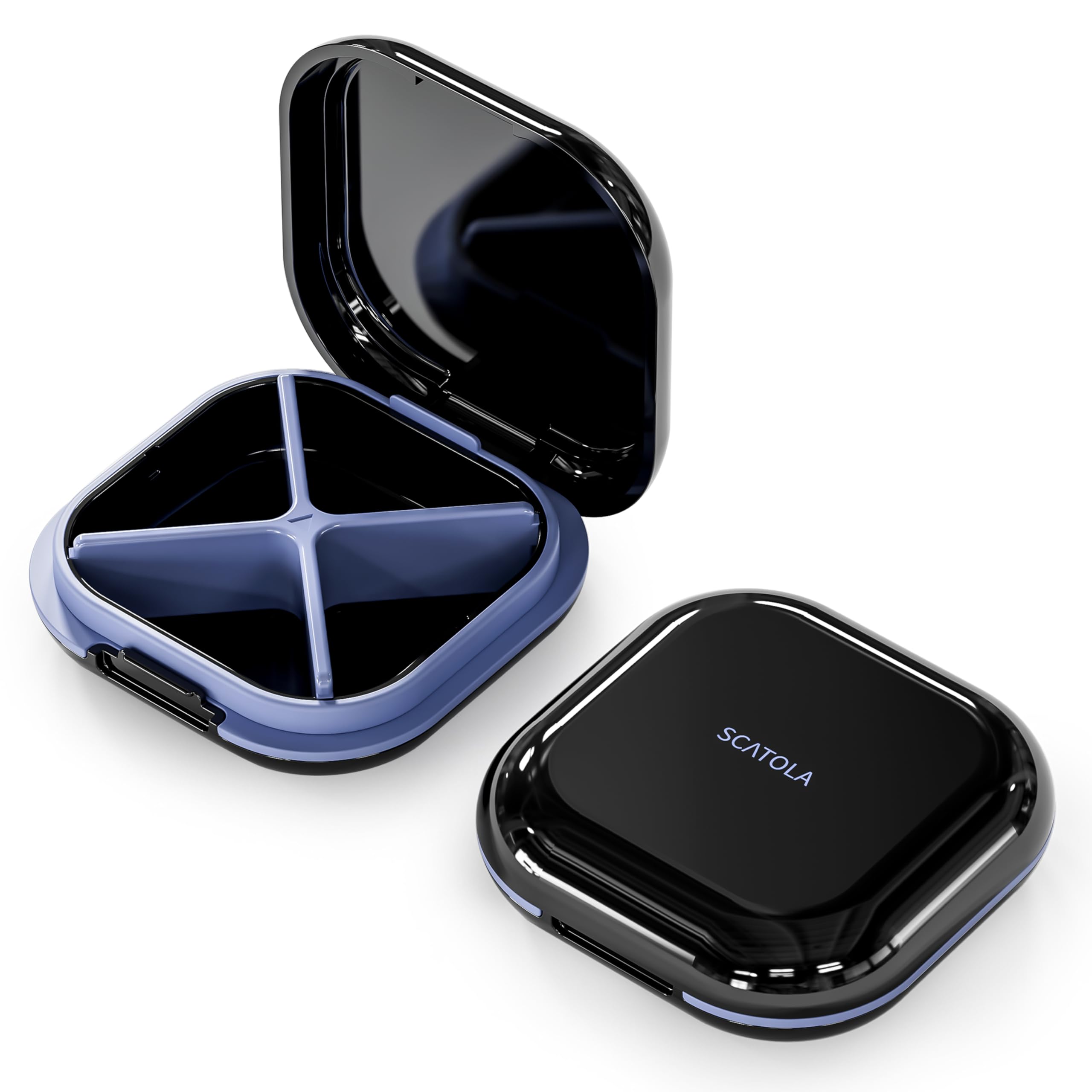 ONTERATE Täglicher Pillen Organizer mit 4 Fächern, Tragbares Reise Pillenetui, Mini Pillenbehälter für die Handtasche, Kompakter Reise Medizin Organizer für Vitamine, Nahrungsergänzungsmittel(Schwarz) Angebot bei HelloDeals