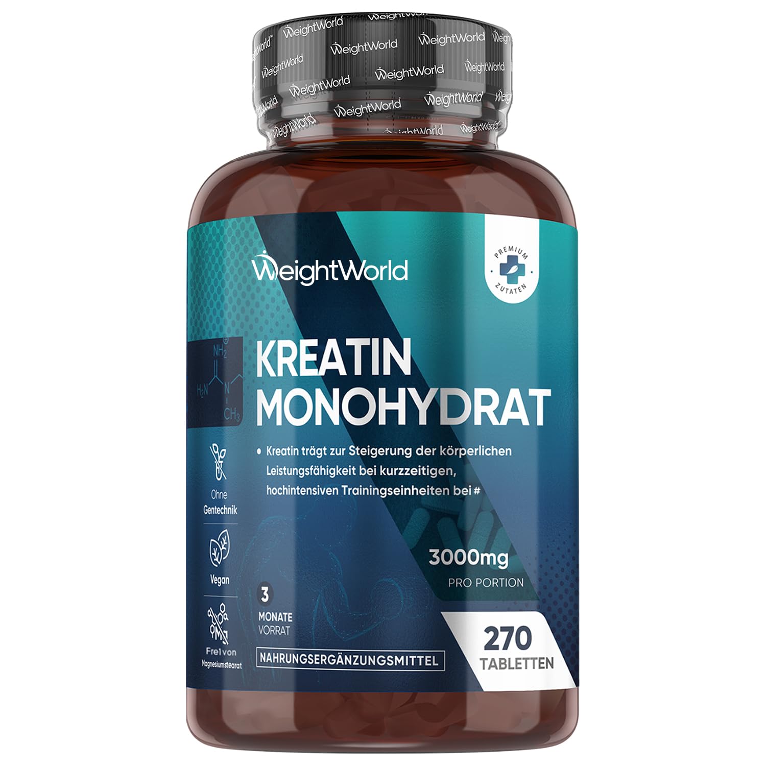 Creatin Monohydrat Tabletten - 3000mg pro Portion - 270 Kreatin Vegan Tablets - 3 Monate Vorrat - Creatine - 3 Kreatin Monohydrat Tabletten pro Tag - Frei von Gluten & Magnesiumstearat - WeightWorld Angebot bei HelloDeals