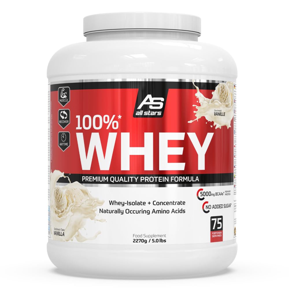 ALL STARS 100% Whey Protein Pulver 2270g Vanilla - Cremiger Shake mit bis zu 80% Eiweiß, Enthält wertvolle Aminosäuren, Fettarm & kohlenhydratarm Vanille 2.27 kg Angebot bei HelloDeals