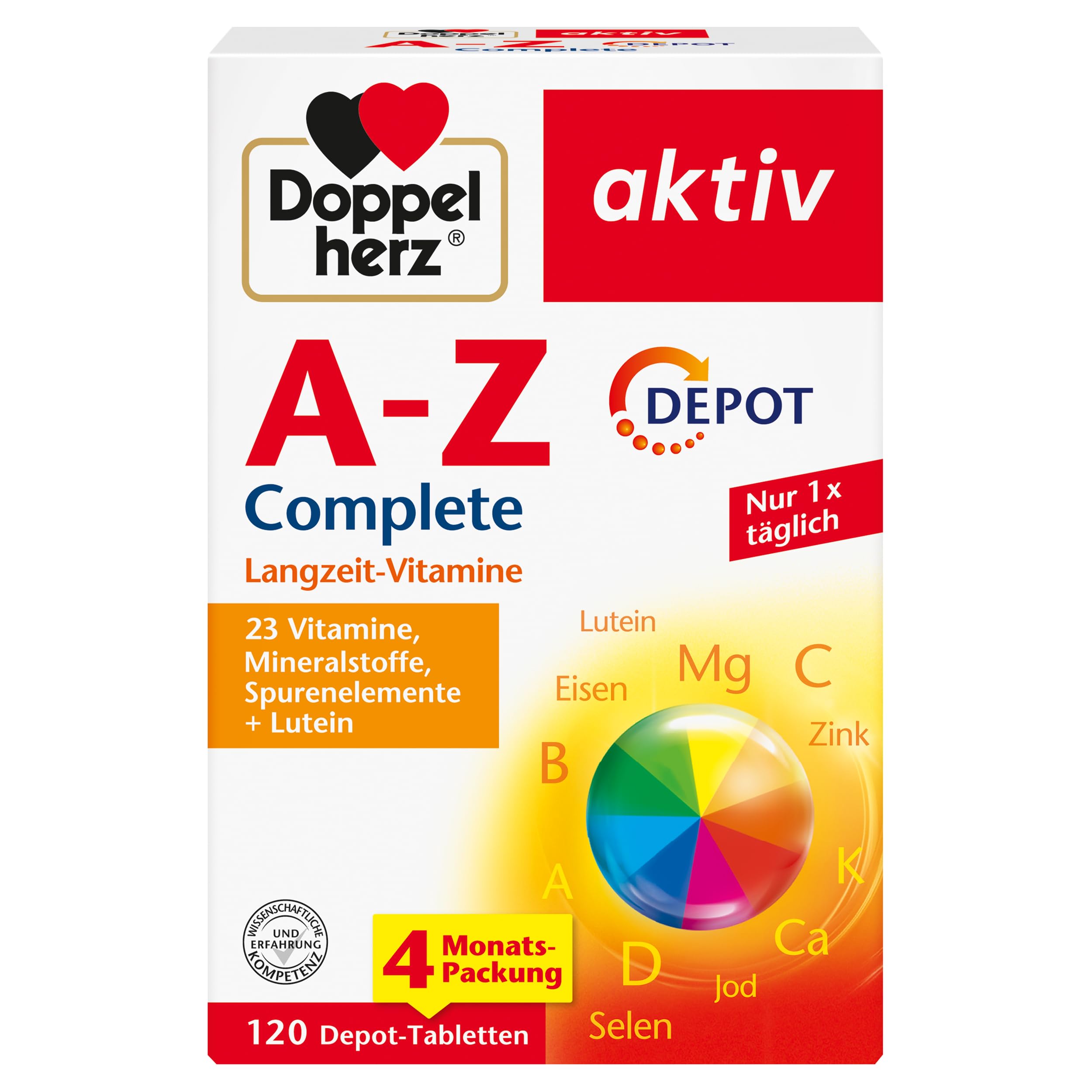 Doppelherz A-Z Complete - Langzeit-Vitamine - 23 Vitamine, Mineralstoffe & Spurenelementen PLUS Lutein - 120 DEPOT-Tabletten 120 stück (1er Pack) Angebot bei HelloDeals