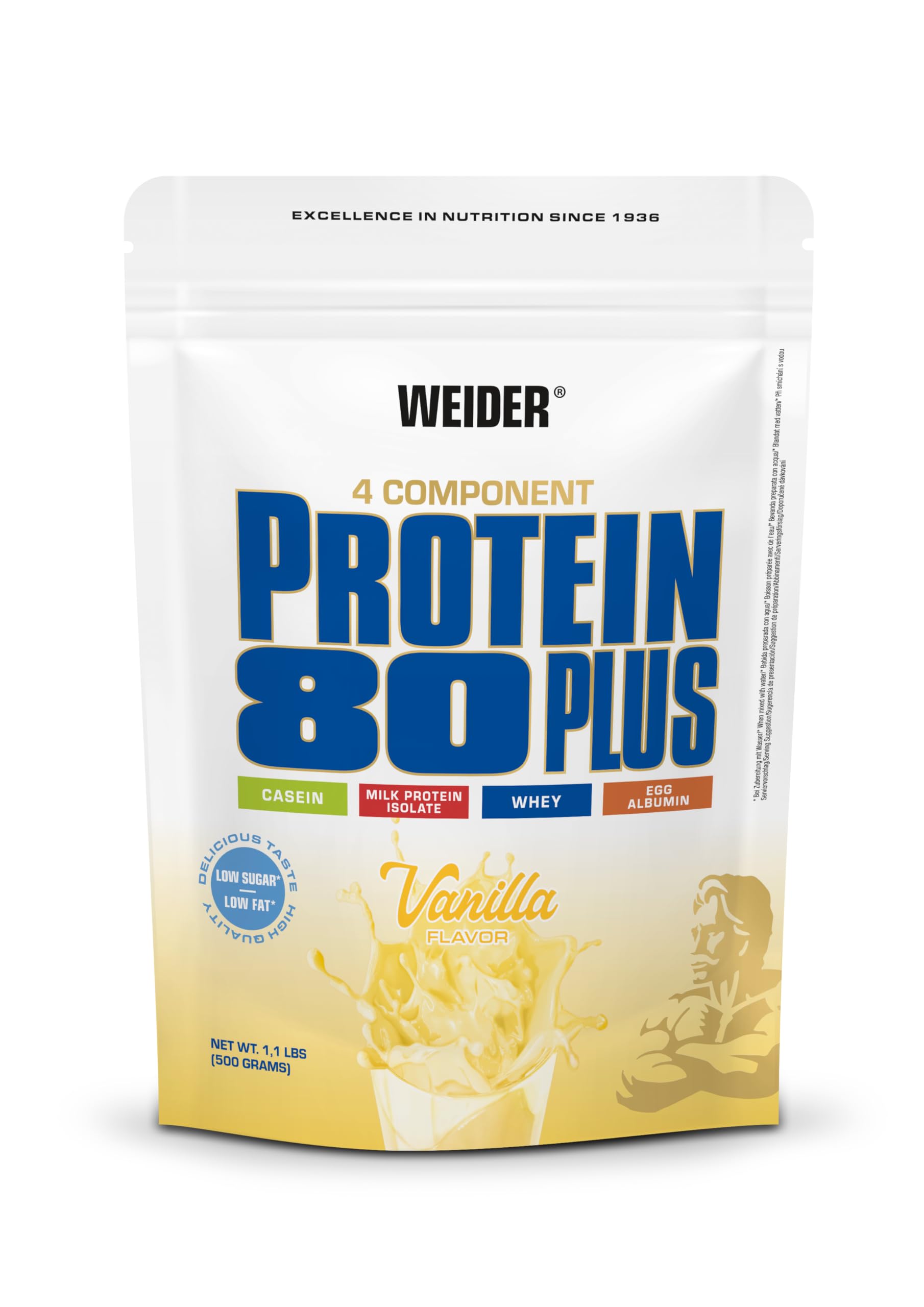 Weider - Protein 80 Plus - 4-Komponenten Protein Pulver - Hoher Proteingehalt mit 80% Eiweiß - Cremige Shakes mit Calcium & Vitamin B6 - 500g - Vanille Vanille 500g Angebot bei HelloDeals