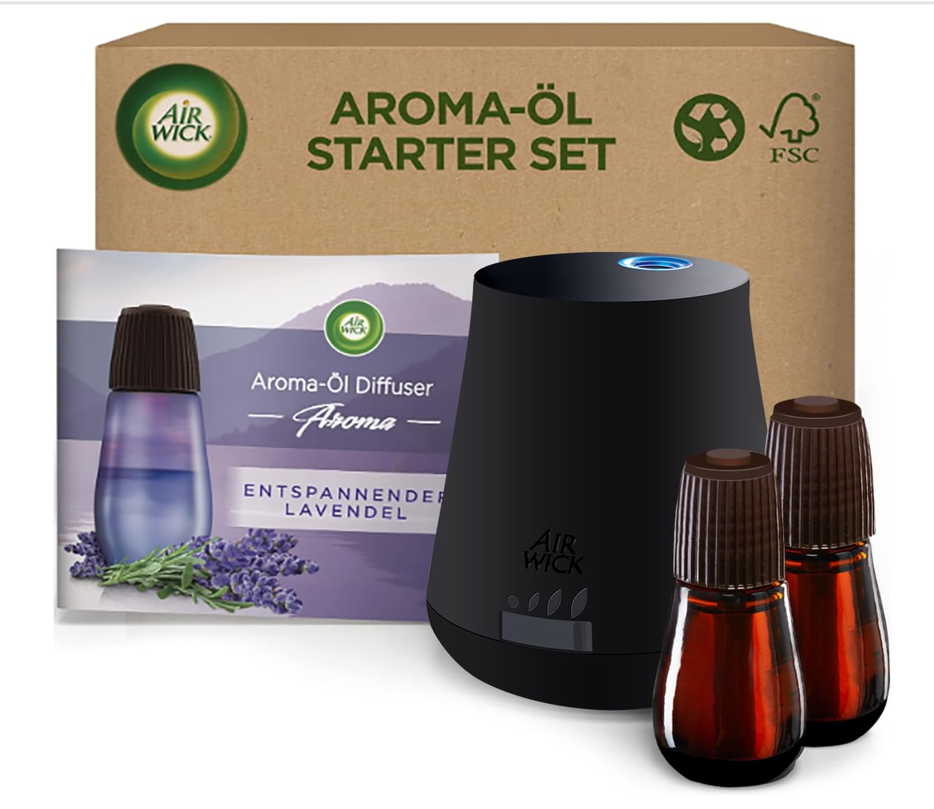 Air Wick Aroma-Öl – Starter Set – Diffuser mit ätherischen Ölen – Raumduft Entspannender Lavendel – 2 x 20 ml Nachfüllern + Gerät Angebot bei HelloDeals