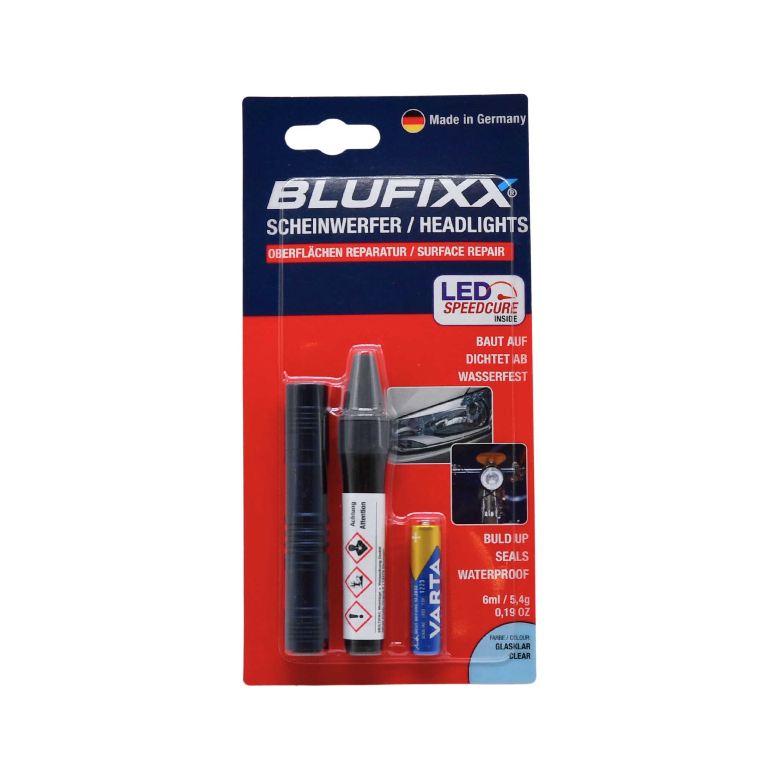 Blufixx-Pro Set Frontscheinwerfer Klar - PRO-EDITION 2024 - Reparaturstift für Kratzer und Risse in Auto Frontscheinwerfern und Rücklichtern, Lichthärtendes KFZ Reparatur- Gel mit LED Licht Frontscheinwerfer Set mit LED-Licht Angebot bei HelloDeals