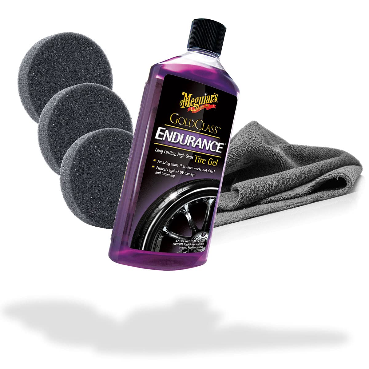 detailmate Reifen Pflegeset für Glanz: Meguiars Reifenpflege Endurance Tire Gel High Gloss 473ml 3er Set Applikatorpads Auftragsschwamm Ø90/22mm + Edgeless GreyLow Mikrofasertuch 380GSM Angebot bei HelloDeals