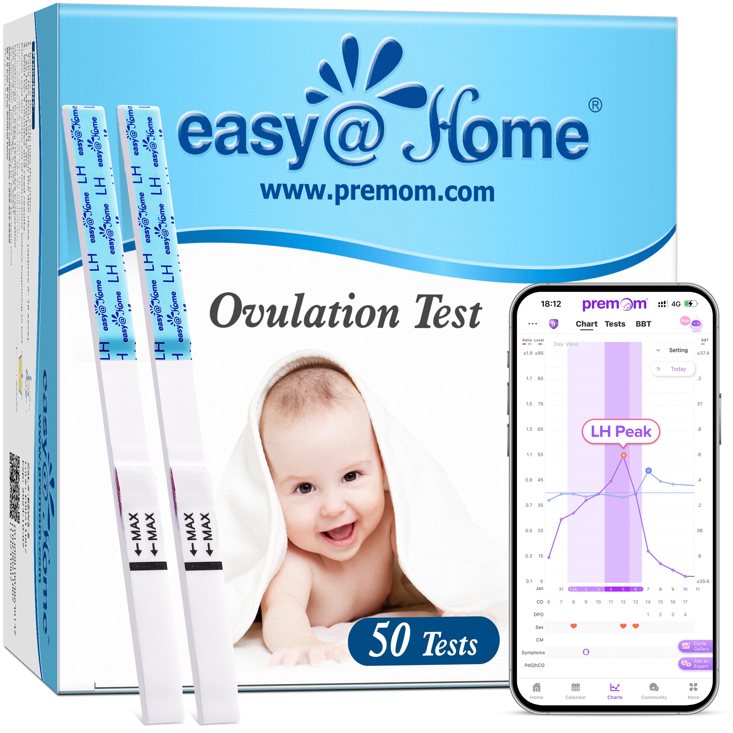 Easy@Home Kinderwunsch 50 x Ovulationstest Fruchtbarkeitstests für Eisprung – Unterstützt durch die kostenlose Premom Ovulation APP, 50 LH Tests 1 stück (50er Pack) Angebot bei HelloDeals