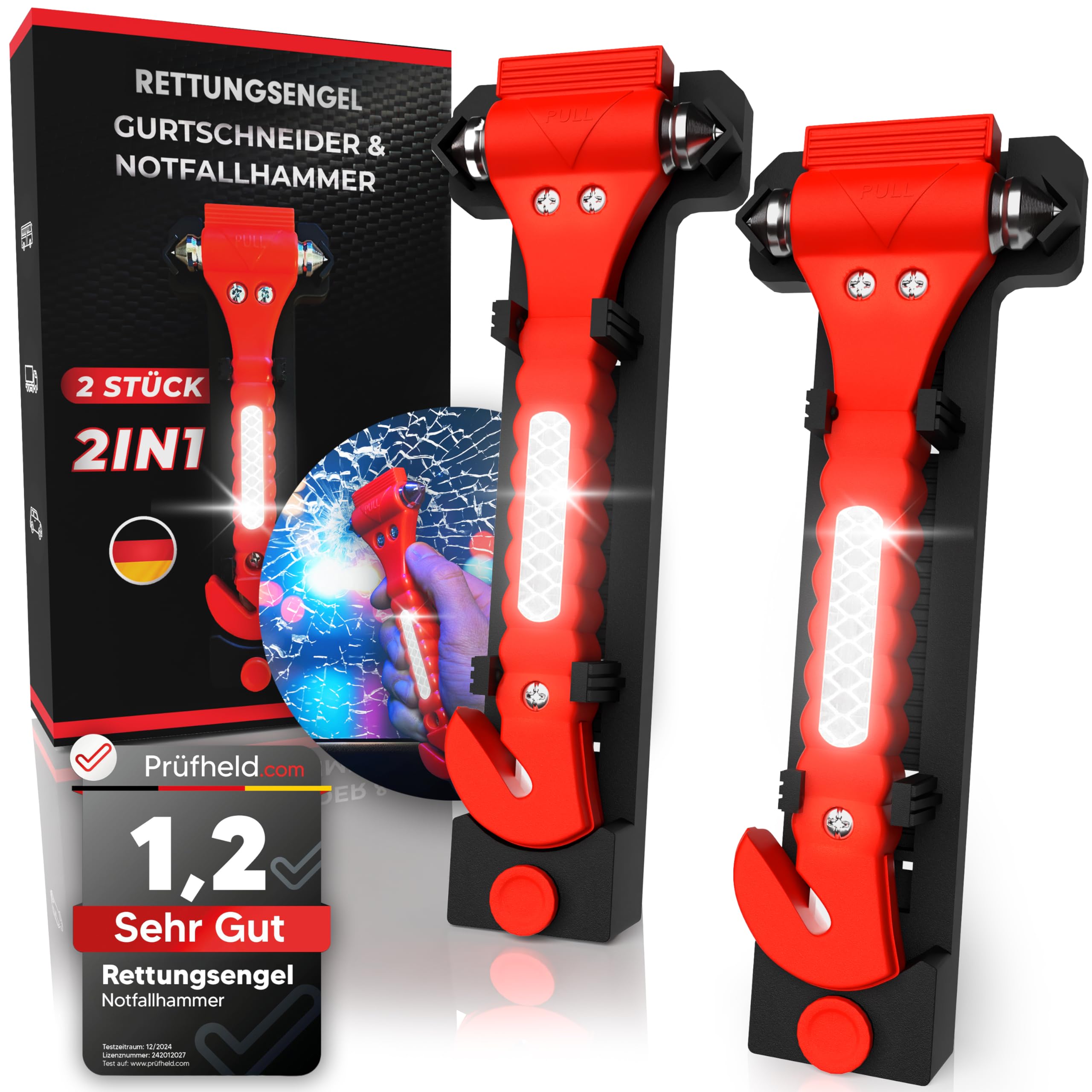 RETTUNGSENGEL® 2in1 Notfallhammer mit Gurtschneider fürs Auto [2er Set] | Gehärtete Spitzen, Testsieger, Inkl. Reflektor | Nothammer Gurtmesser als Rettungswerkzeug im Notfall zum Fenster Einschlagen Angebot bei HelloDeals