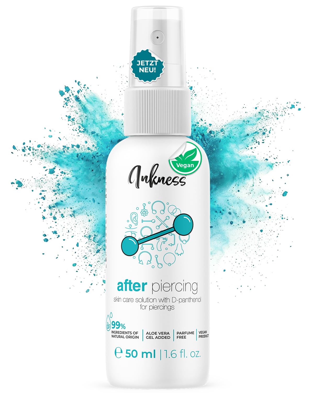 Inkness After Piercing Spray 50ml für Nachsorge - Unterstützt Piercing Entzündung & Heilung - Piercing Aftercare für Ohr Nase Bauchnabel mit 99% natürliche Inhaltsstoffen D-Panthenol & Hamamelis Angebot bei HelloDeals