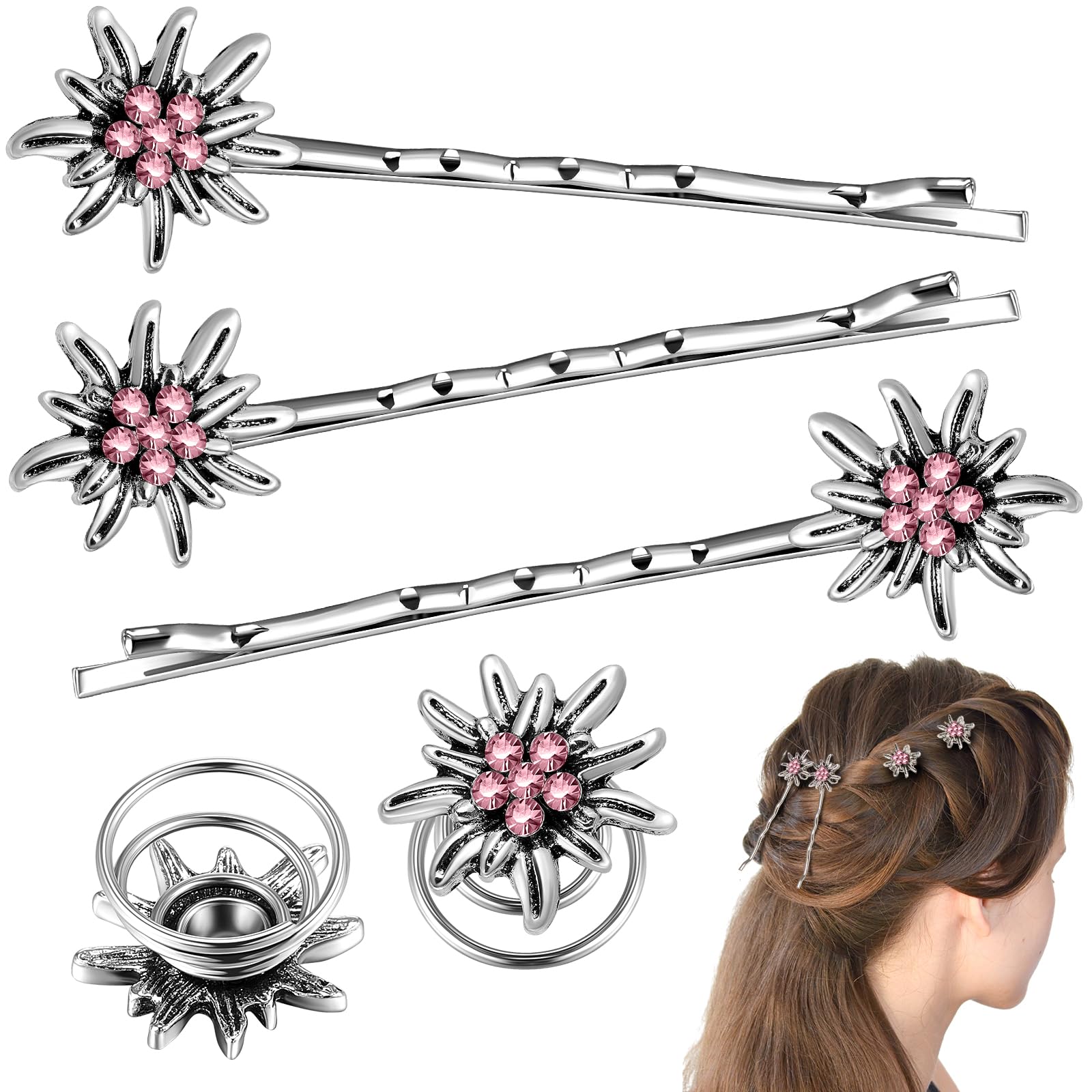 Xinnun 5 Stück Traditionelles Strass Edelweiß Haarschmuck Elegante Trachtenschmuck Damen Wellenform Haarspange Federklemmen für Bayerisch Bierfest Dirndlschmuck Trachten Dirndl Accessoires(Rosa) Angebot bei HelloDeals