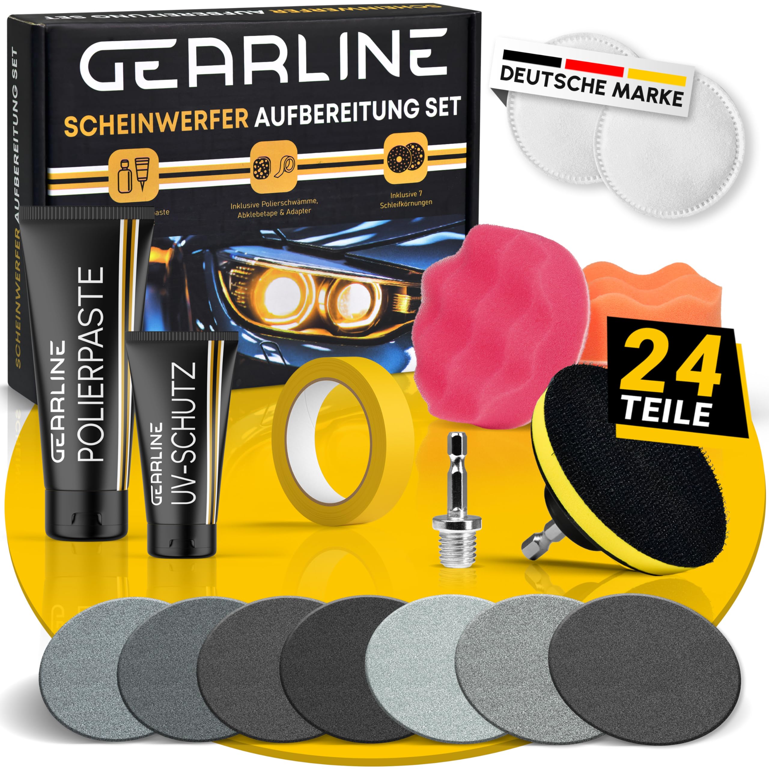 GEARLINE® Scheinwerfer Aufbereitung Set [24 Teile] - Polierset für matte & blinde Scheinwerfer - Inkl. UV-Schutz, Polierpaste, Adapter & 14 Schleifscheiben - Auto Polierset zur Aufbereitung Einzelset Angebot bei HelloDeals