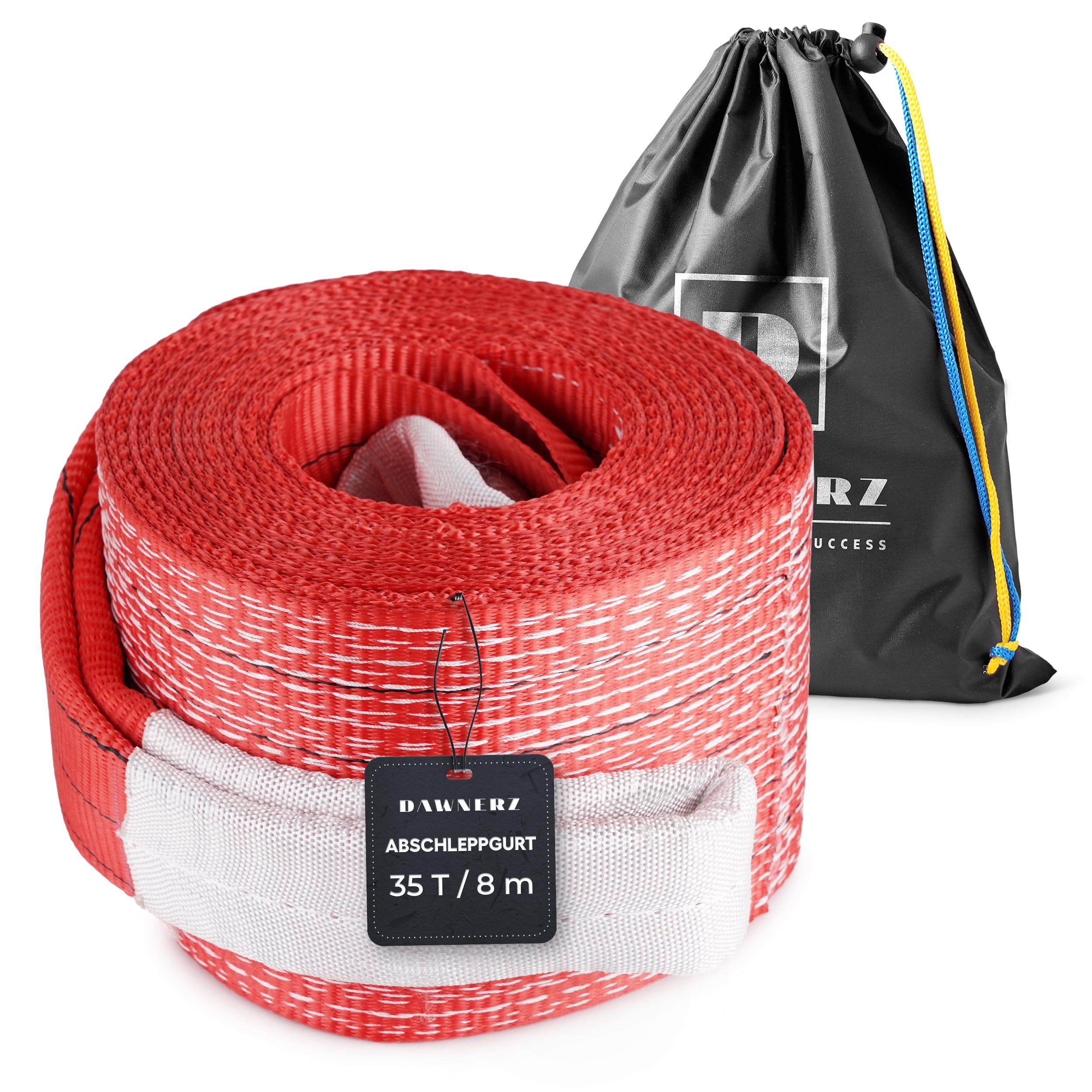 Dawnerz Schwerlast-Abschleppseil 35 Tonnen Bruchfestigkeit, 8m - Notfall-Abschleppgurt mit Dreifach Verstärkten Schlaufen - Hochleistungs-Offroad-Schleppseil für Bus und Schwerlastwagen 35 tonn, 8m Angebot bei HelloDeals