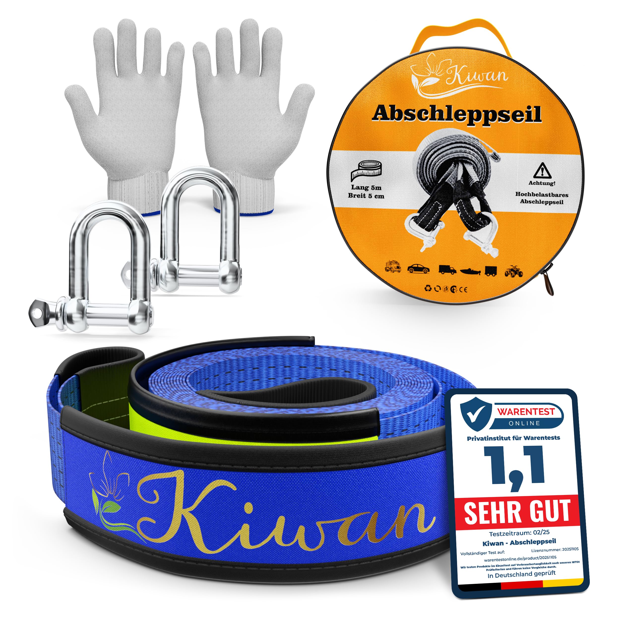 Kiwan Abschleppseil Offroad Zubehör Set 10 Tonnen, 5M x 5CM – Geprüfte Qualität – Reißfester Bergungsgurt für Wohnmobil, Auto, LKW, Pkw – Notfall Abschleppseil für Geländefahrzeuge. Blau Angebot bei HelloDeals