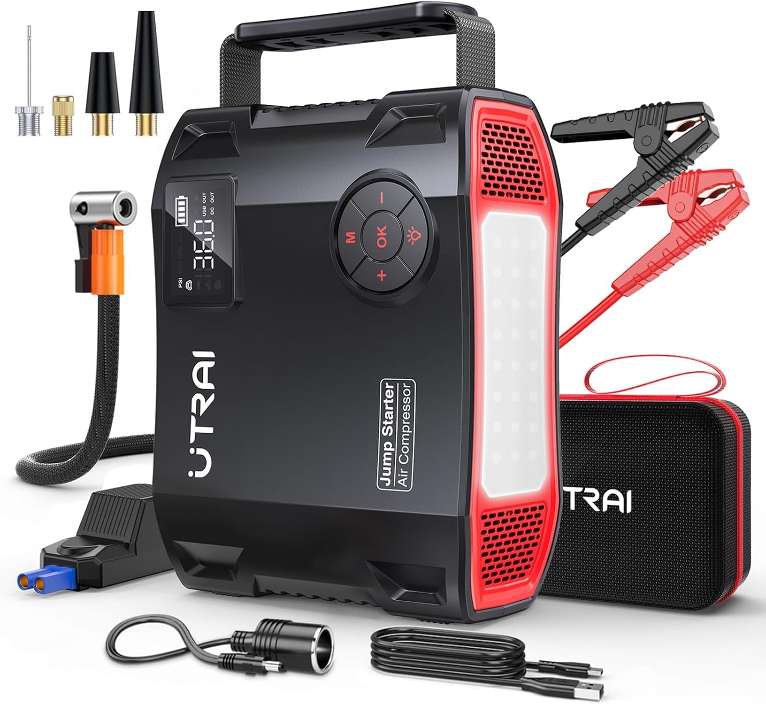 UTRAI 7000A Starthilfe Powerbank für Pkw, 27000mAh Booster Auto Starthilfe Powerbank mit Kompressor, 1600 Lumen LED Taschenlampe, QC3.0, 160W DC-Ausgang, Jump Starter für All Benzin, 12L Dieselmotor Angebot bei HelloDeals