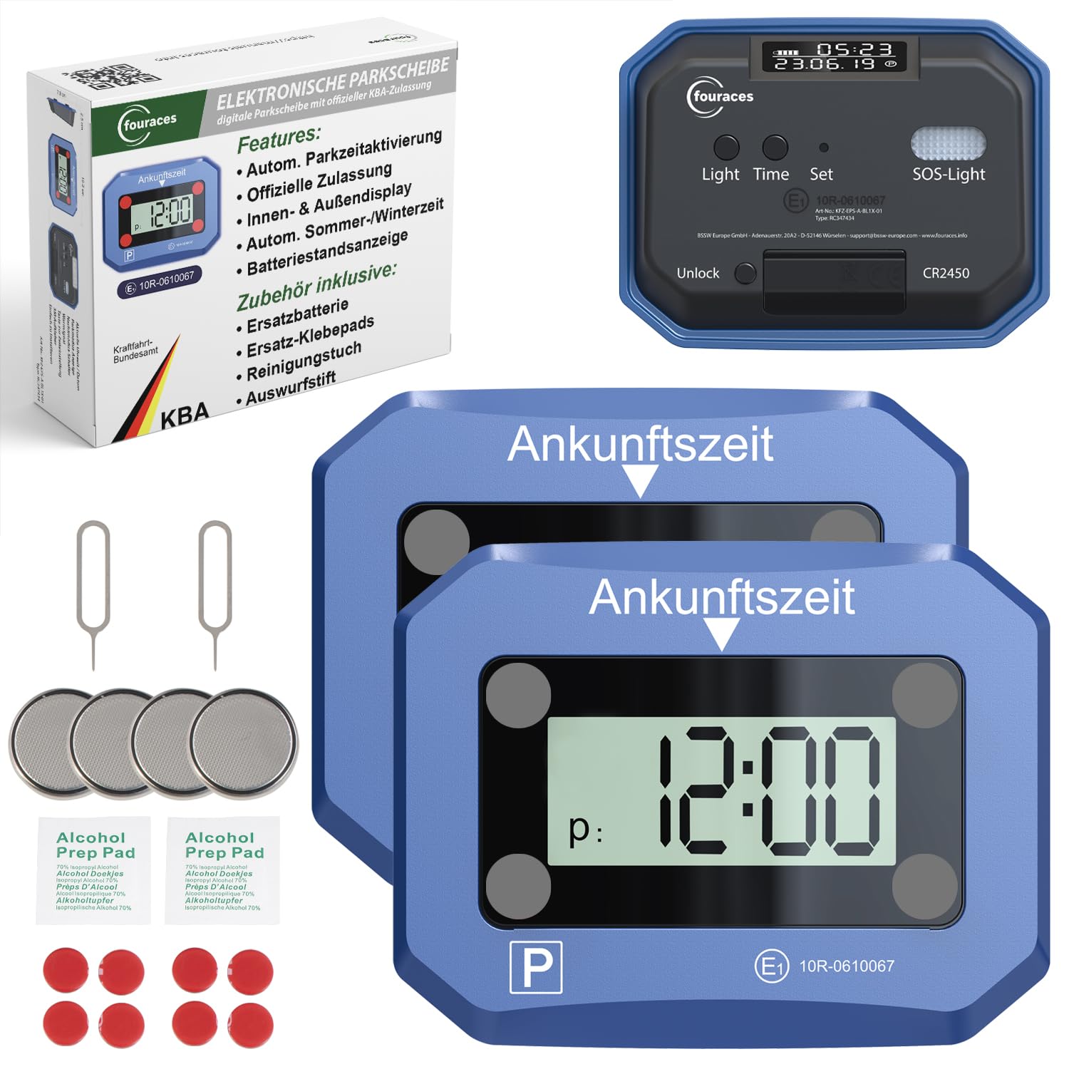 fouraces 2X elektronische Parkscheibe - mit Ersatz Batterie, automatisch Sommer/Winterzeit, Zulassung des Kraftfahrtbundesamtes - automatische Parkuhr fürs Auto, blau, Digitale Park Uhr Angebot bei HelloDeals