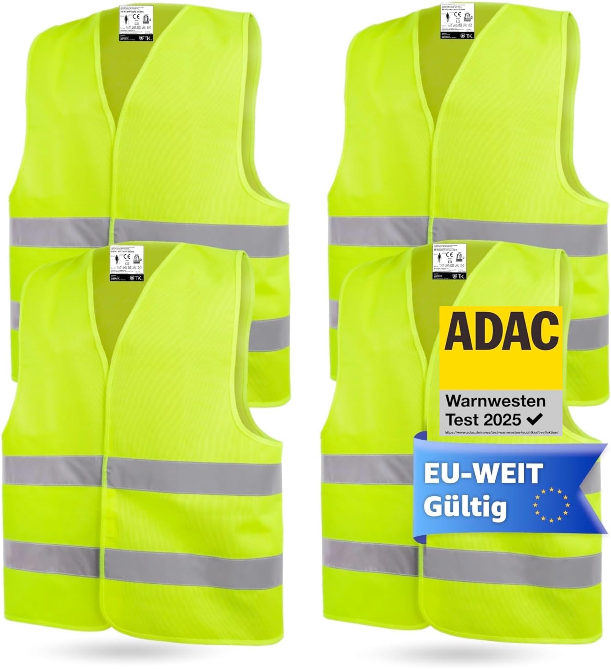 OwnWheel 4X Warnweste Auto ISO20471-2026: gelb - reflektierende Sicherheitsweste für PKW & LKW - Notfall & Pannenwesten 4er Warnweste gelb Angebot bei HelloDeals