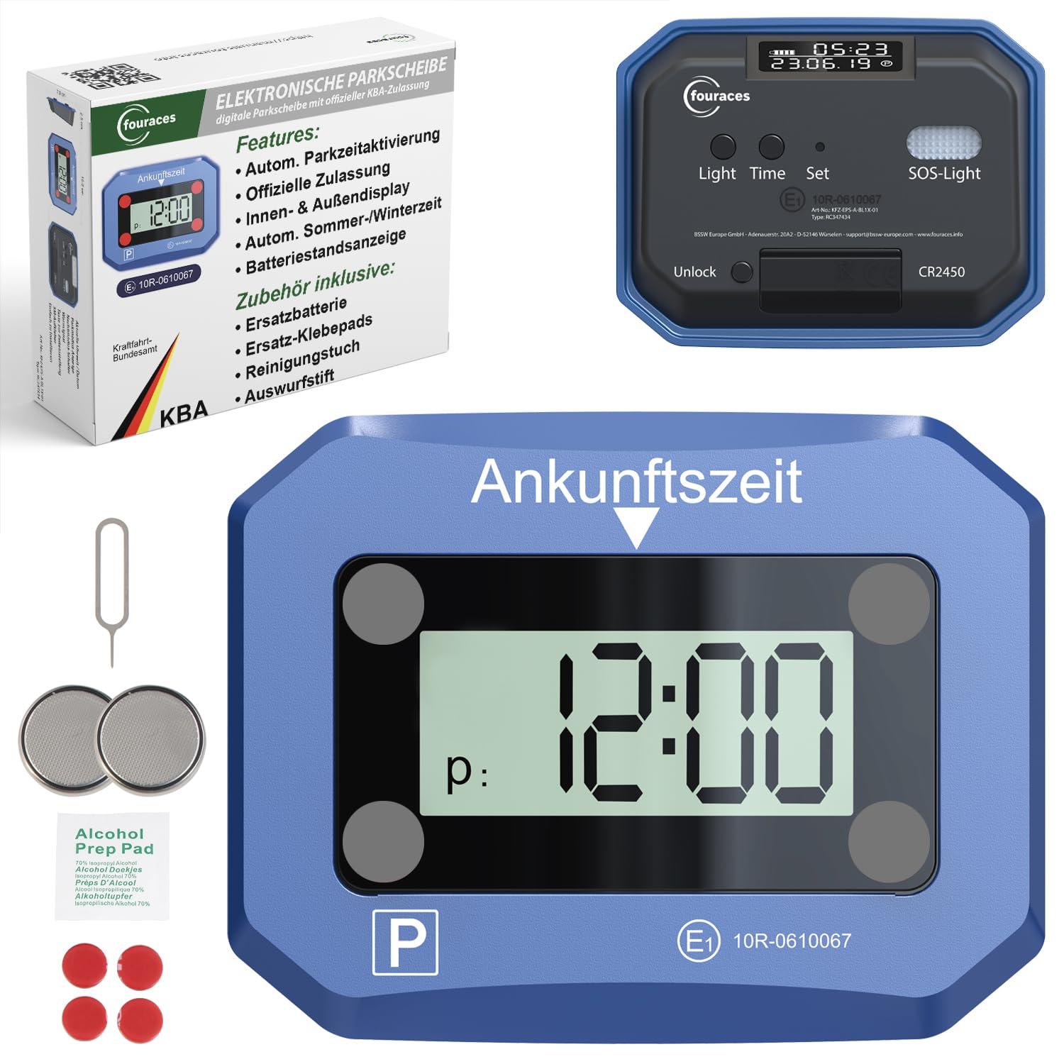 fouraces elektronische Parkscheibe - mit Ersatz Batterie, automatisch Sommer/Winterzeit, Zulassung des Kraftfahrtbundesamtes - automatische Parkuhr fürs Auto, blau, Digitale Park Uhr Angebot bei HelloDeals