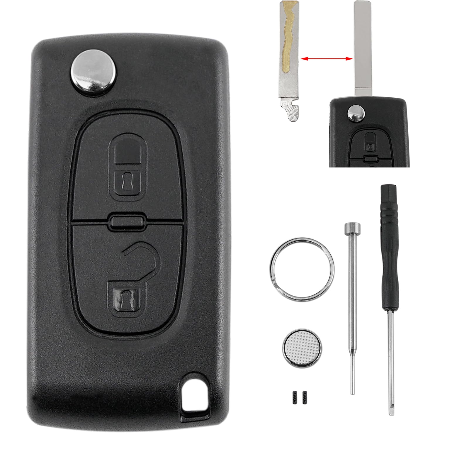 2 Tasten Auto Schlüssel Gehäuse für Peugeot Partner und Citroen Berlingo mit Batterie CR1620 und Pin-Entfernungswerkzeug Schraubendreher Schlüsselring Gehäuse(VA2 Klinge,CE0536) Angebot bei HelloDeals