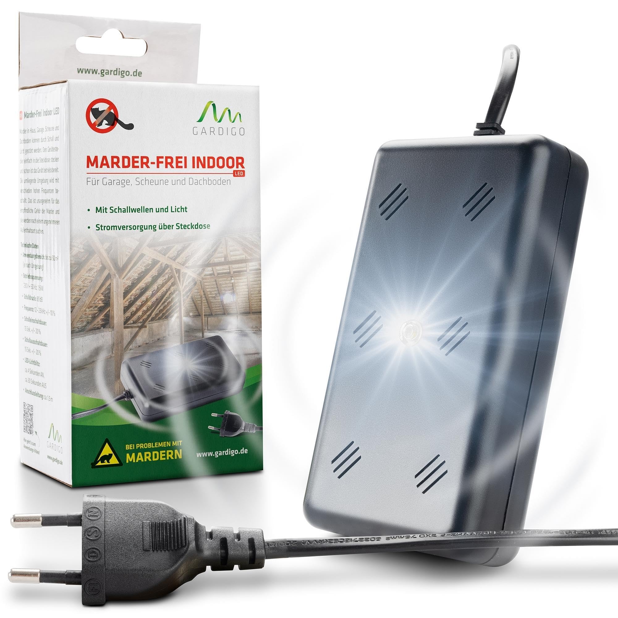 Gardigo® Marder-Frei Indoor LED für Marderabwehr | Marderschreck Haus, Garage, Scheune, Stall und Carport I 230 V mit Netzstecker | LED Blitz-Licht | Ultraschall Frequenzen| Marderschutz Dachboden Angebot bei HelloDeals