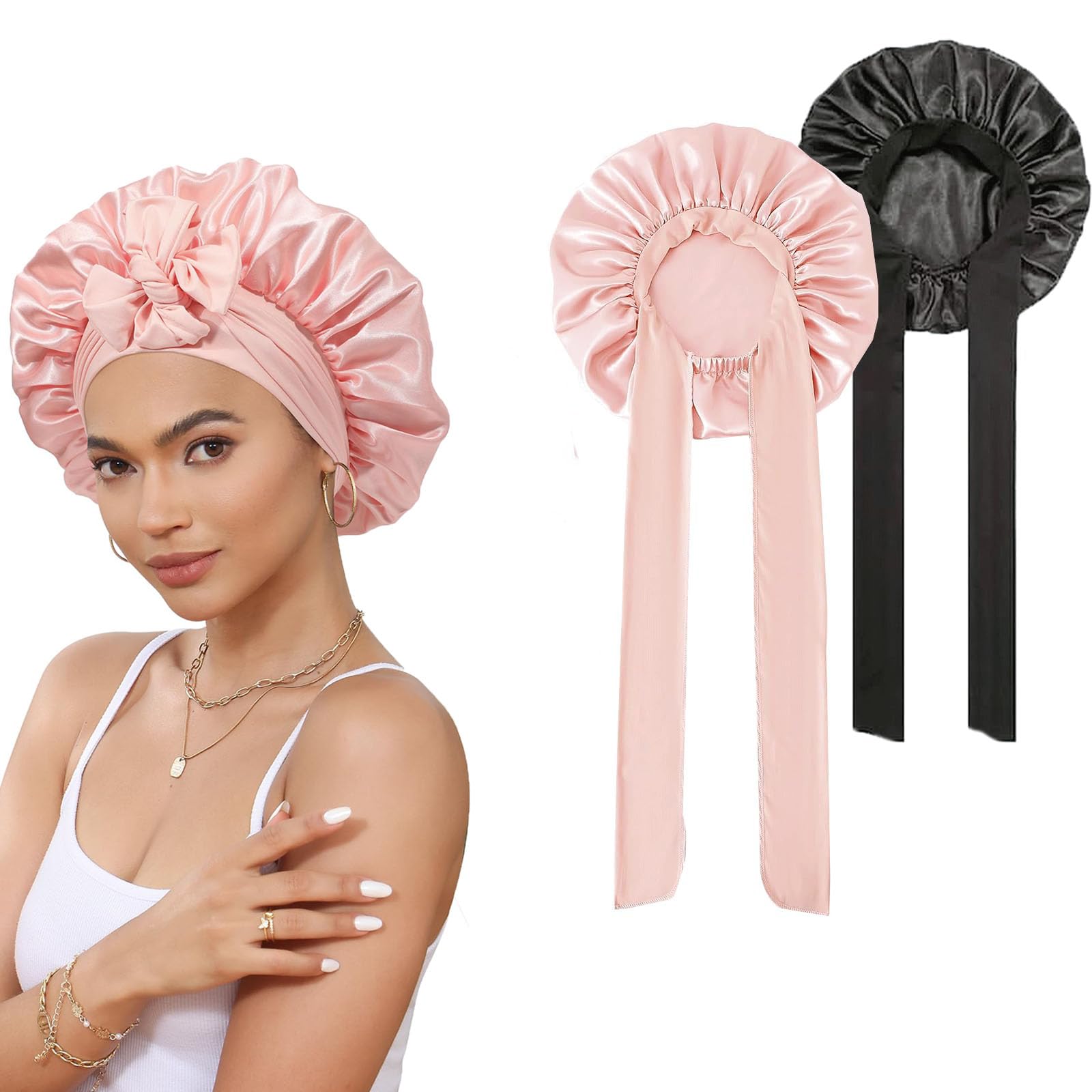 Frogetu 2 Stück chlafmütze Satin,Nacht Schlaf Mütze,Weiche Kopfhaube Schlafhaube Seide,Verstellbar Damen Herrn Motorhauben,Schlafhaube Seide,Hair Bonnet,mit Gummizug Angebot bei HelloDeals