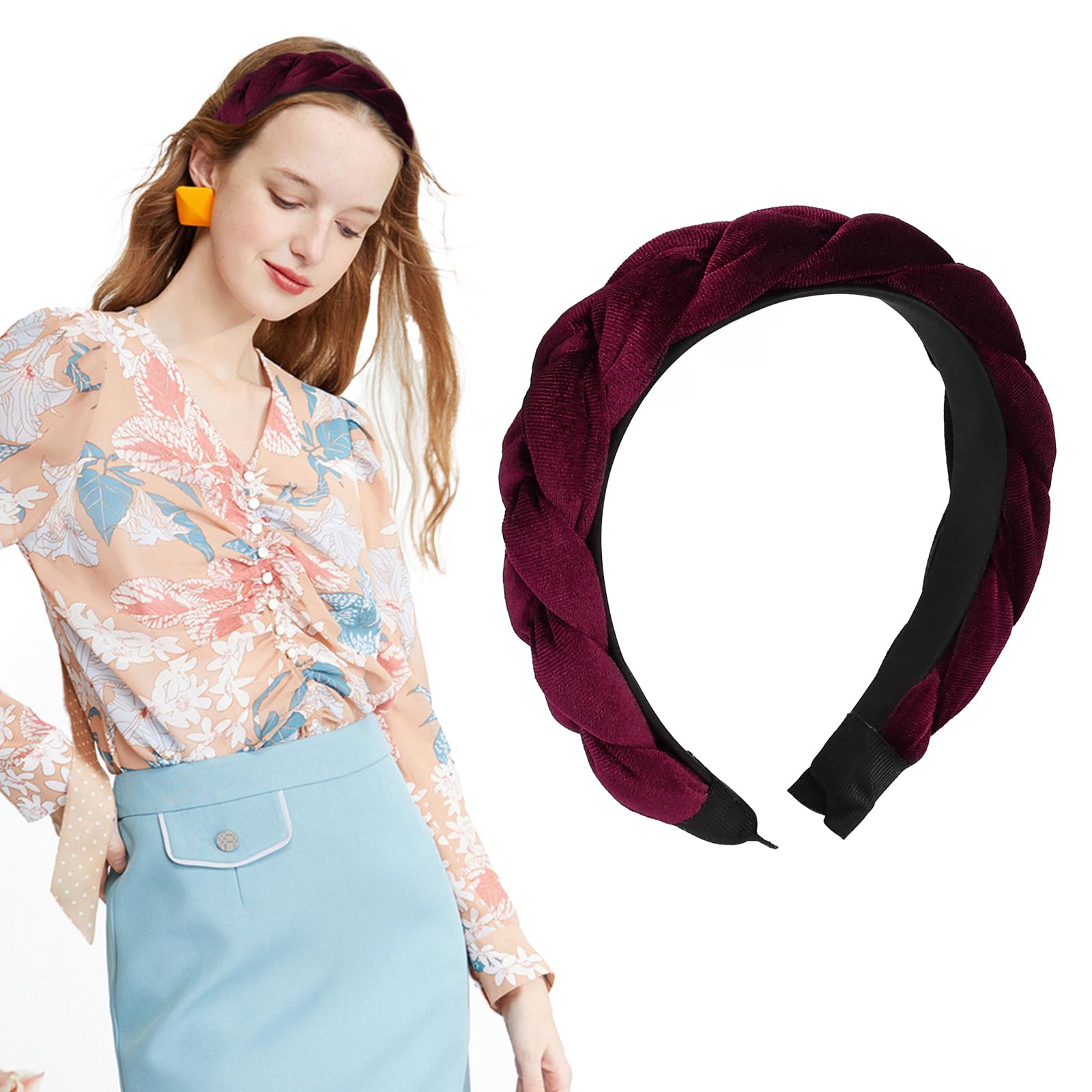 Haarreif Samt Geflochten Haarreifen Damen Stirnband Breit Haarband Vintage Gepolsterte Haarreifen Mode Stirnbänder Haarschmuck Kopfband für Frauen Mädchen Rot Angebot bei HelloDeals
