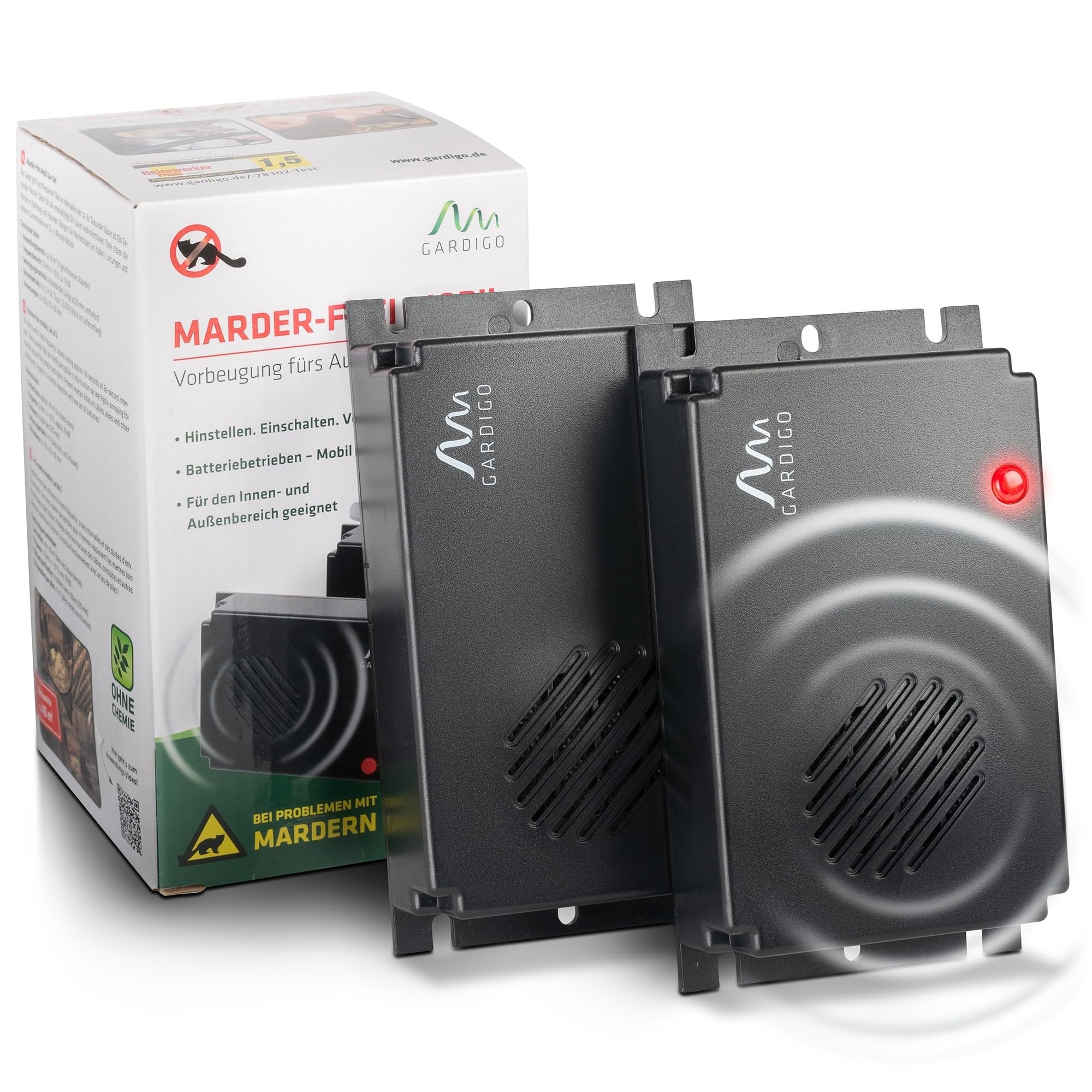 Gardigo® Marderschreck Marder-Frei Mobil - 2er Set | Marderschreck Auto | Ultraschall Marderabwehr | Marderschreck Auto Batteriebetrieben | Marderschutz für KFZ, Motorraum, Dachboden, Haus, Garten Angebot bei HelloDeals