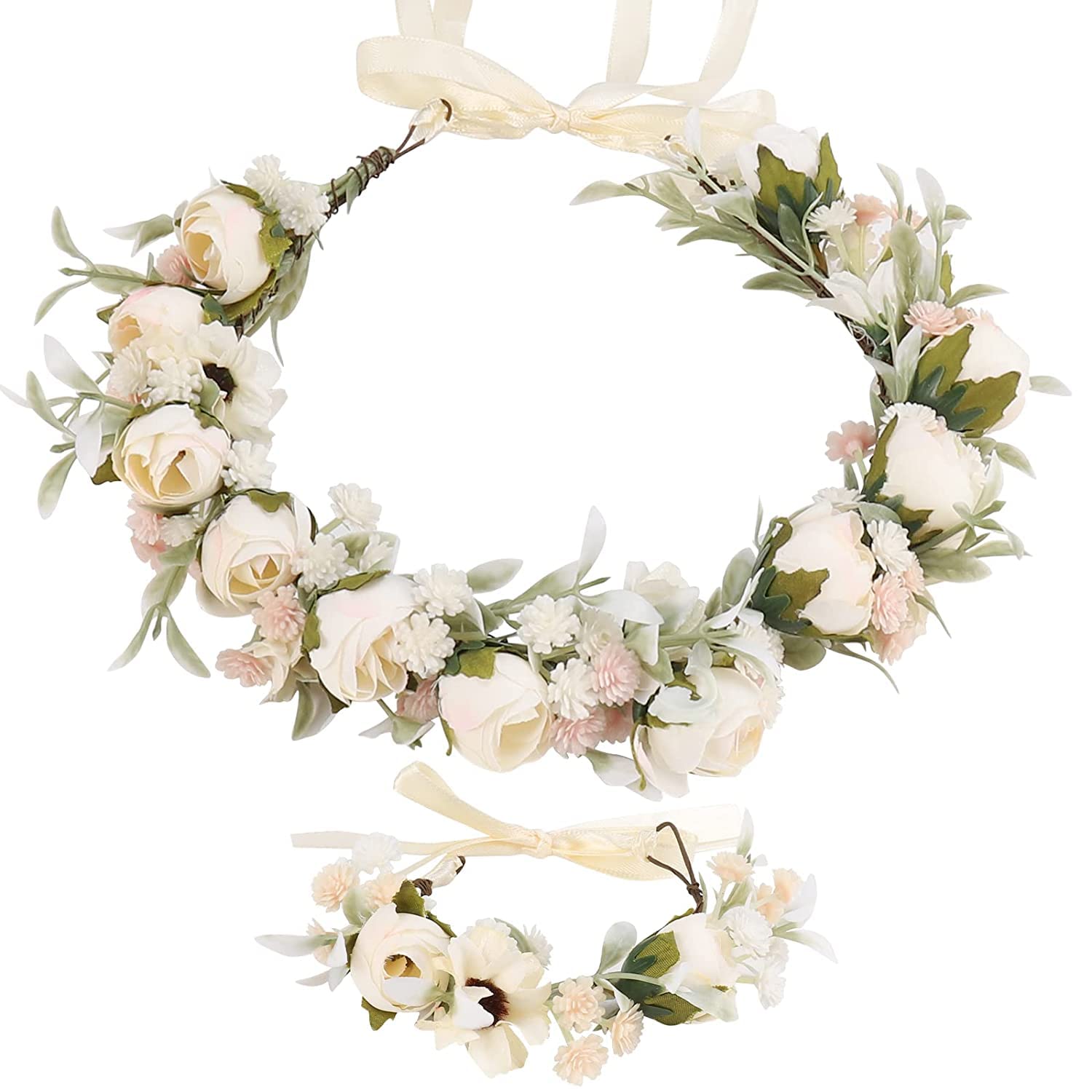 Blumenkranz Blume Krone Stirnband, Rose Braut Haarschmuck mit Armband-Set, GuKKK Blumenstirnband Verstellbarer Gürtel, Haarbänder Floral Girlande, für Damen Hochzeit Zeremonie Festival Party Strand Beige Angebot bei HelloDeals