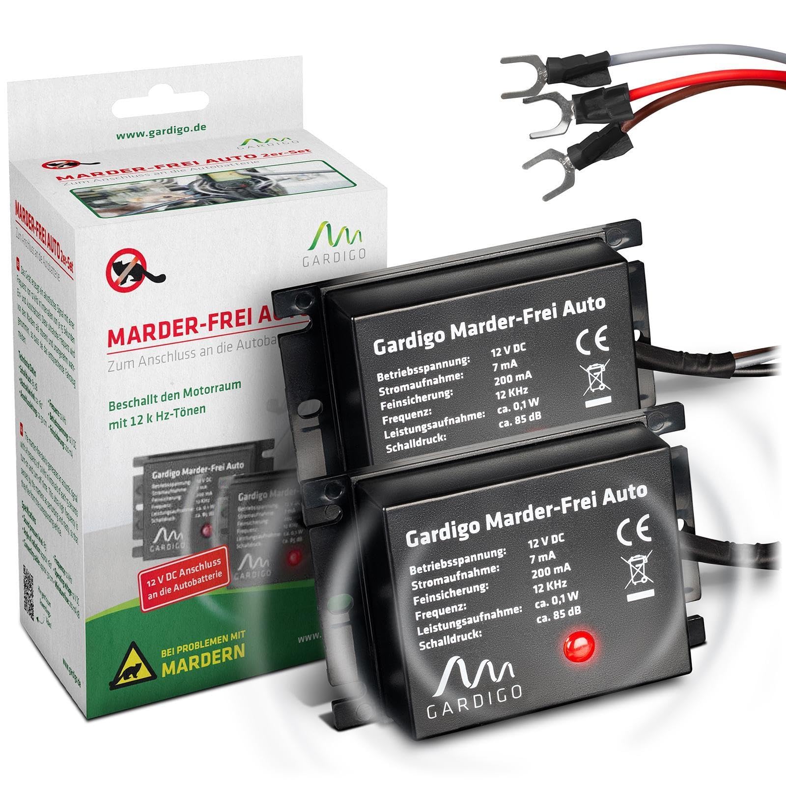 GARDIGO® Marder-Frei Auto - 2er Set I Marderschreck Auto Anschluss an 12V Autobatterie I 25 Jahre Erfahrung Ultraschall Marderabwehr | Marderschutz für Auto | Abwehr gegen Marder KFZ Marder vertreiben Angebot bei HelloDeals