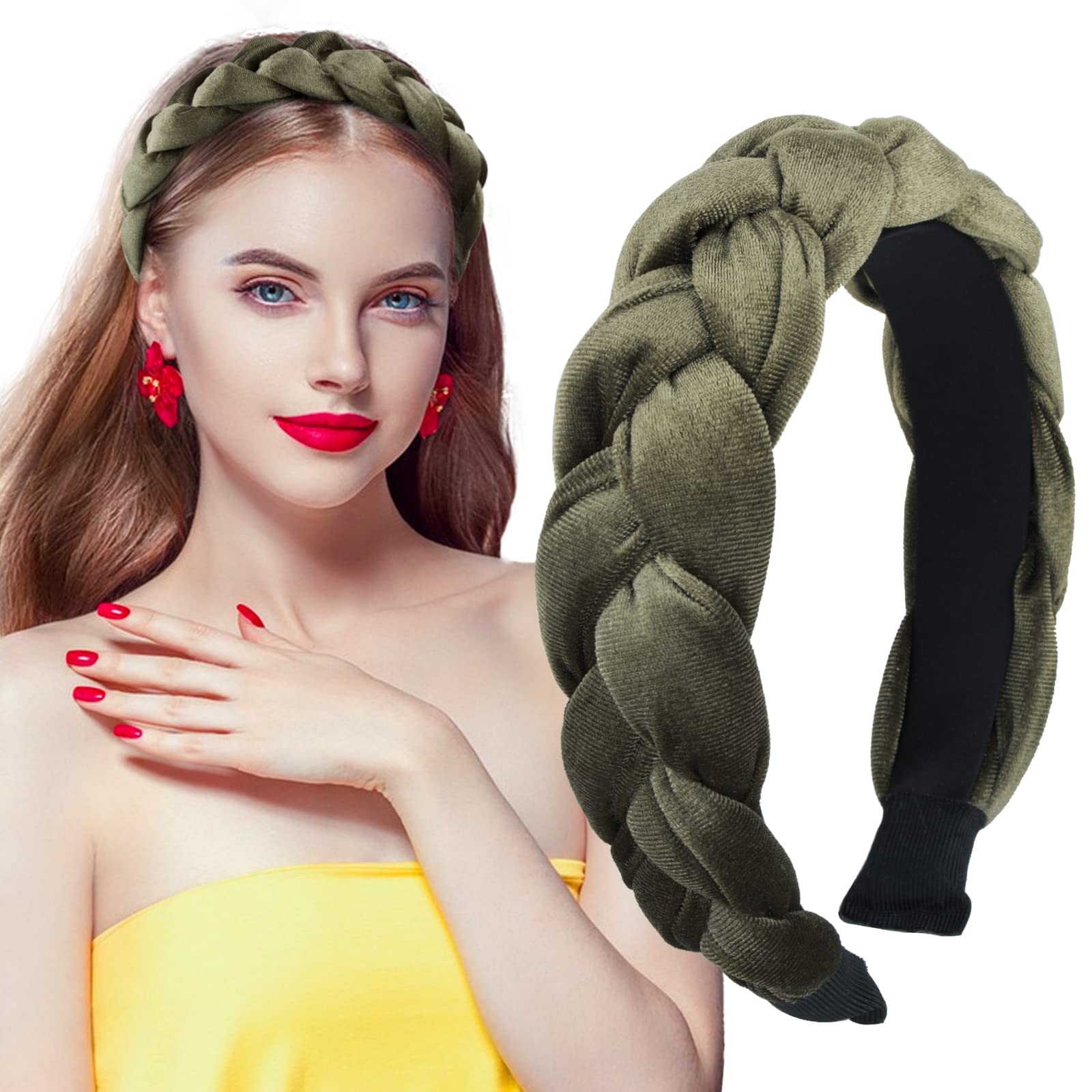 BETESSIN Samt Haarreif Dirndl Geflochten Stirnband Breit Haarband Vintage Gepolsterte Haarreifen Trachten Haarschmuck Rockabilly Kopfband für Damen und Mädchen Grün Angebot bei HelloDeals
