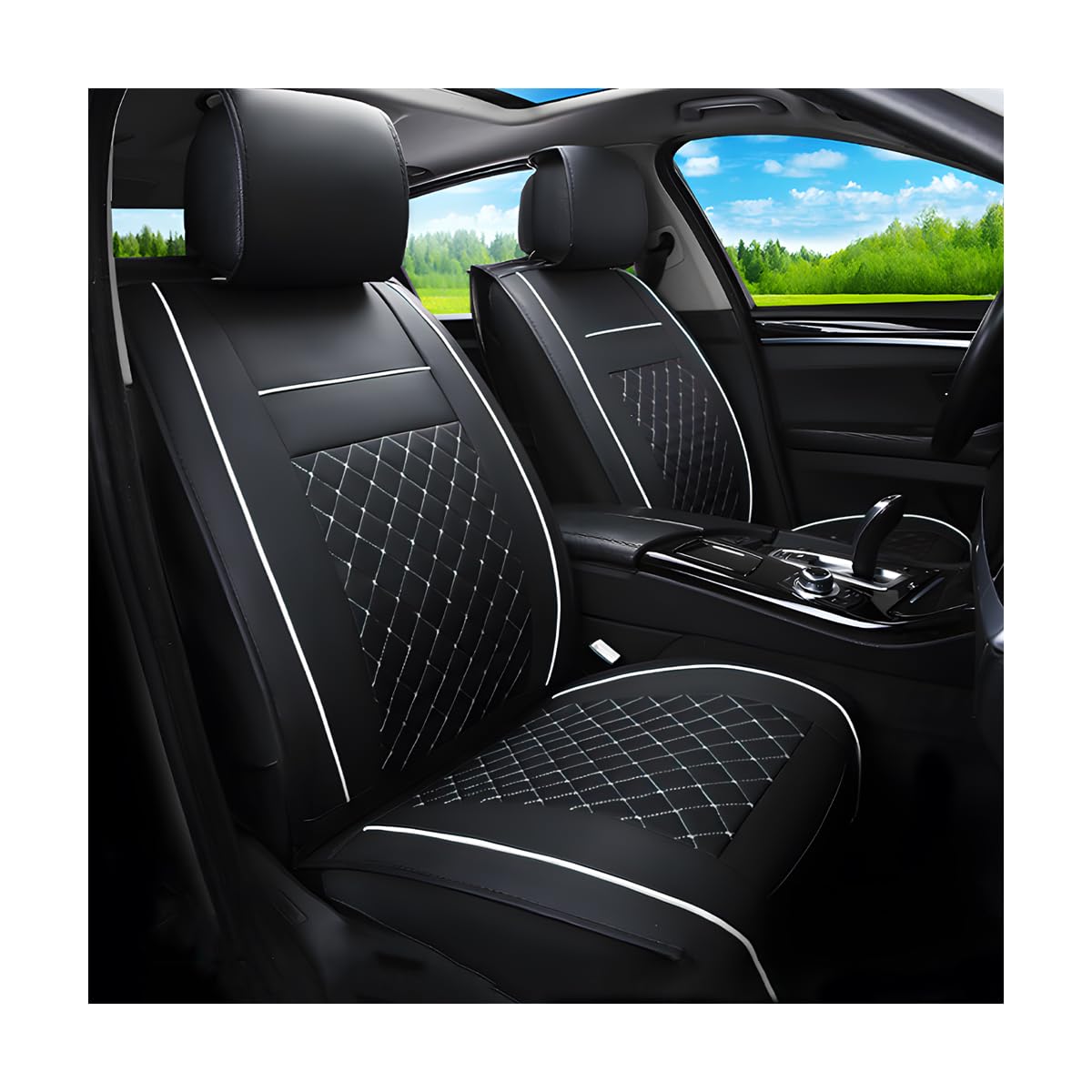 CGEAMDY Sitzbezug Set Universal, Luxus Wasserdicht Autositzschutz, Auto-Sitzbezüge Vordersitze Kunst Leder, Pu-Leder-Autositzabdeckungen Vorne, Wasserdichtes Autositzbezüge Geprägten(Schwarz&Weiß) Angebot bei HelloDeals