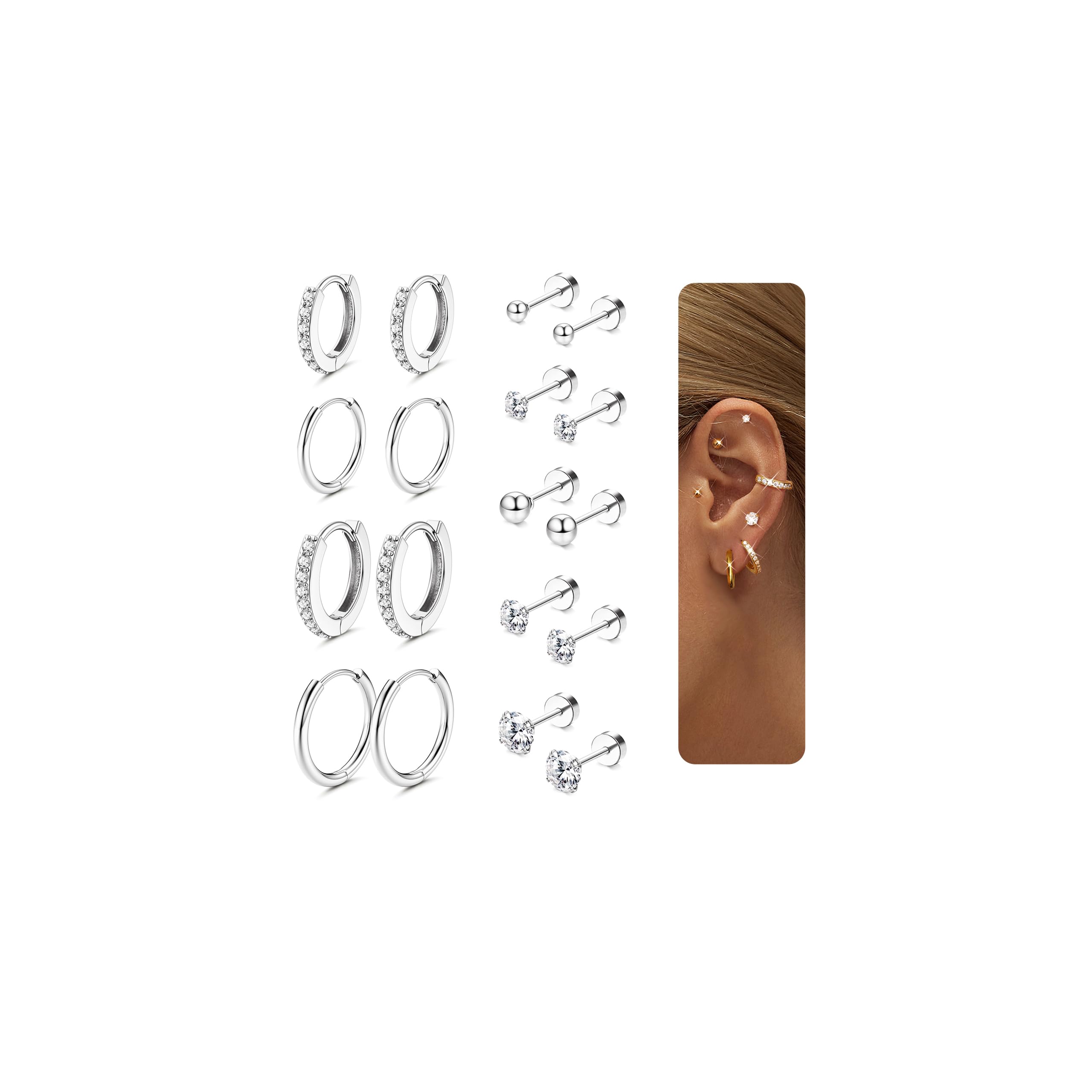 LOLIAS 9 Paar Ohrringe Set 316L Chirurgenstahl Medizinische Ohrstecker und Klein Creolen Ohrringe Set Hypoallergene 14K Vergoldet Tragus Helix Piercings Ohr Damen Herren Gold Silber Angebot bei HelloDeals