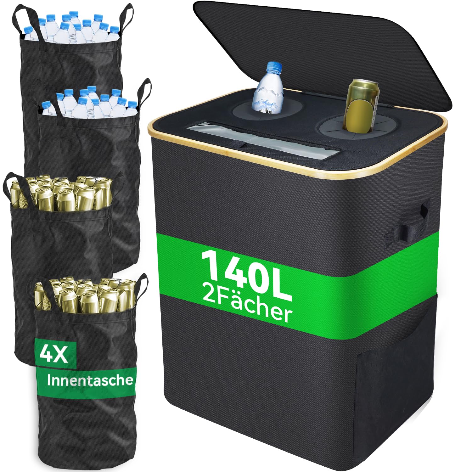 DanzeyGreen 140L Pfandflaschen Sammelbehälter mit Deckel,2 Fächer,4 Flaschentaschen,Großer Pfandbehälter,Flaschensammler leergut geeignet für Küche und Speisekammer,Schwarz 140L 4 bags Angebot bei HelloDeals