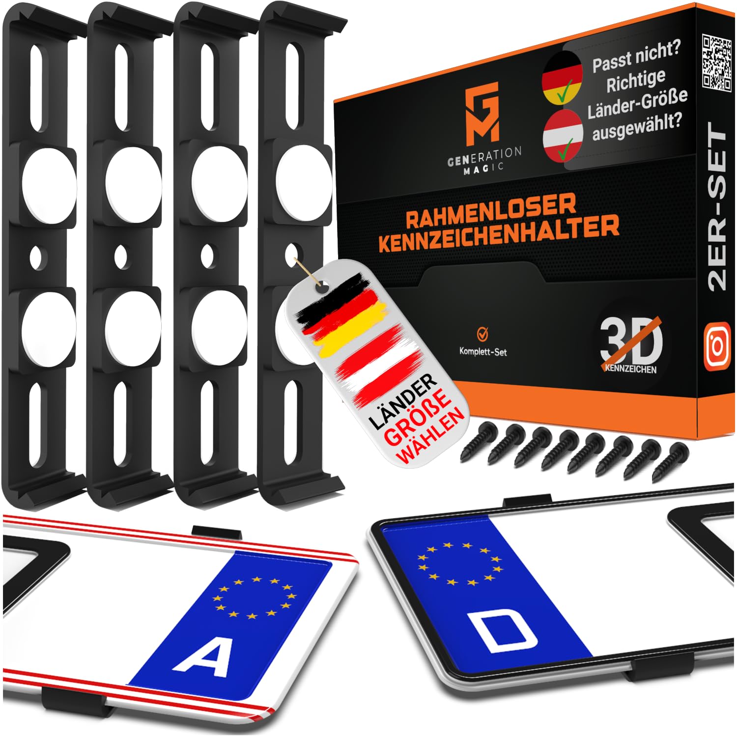 GENMAG® Kennzeichenhalter Rahmenlos [Legal & Universal] Nummernschildhalterung Auto | Rahmenlose Kennzeichenhalter für Autos | Kennzeichenhalterung Rahmenlos | Nummernschildhalter für 2 Kennzeichen Schwarz ⛔️Länder-Größe wählen Deutschland ! KEIN Österrei Angebot bei HelloDeals
