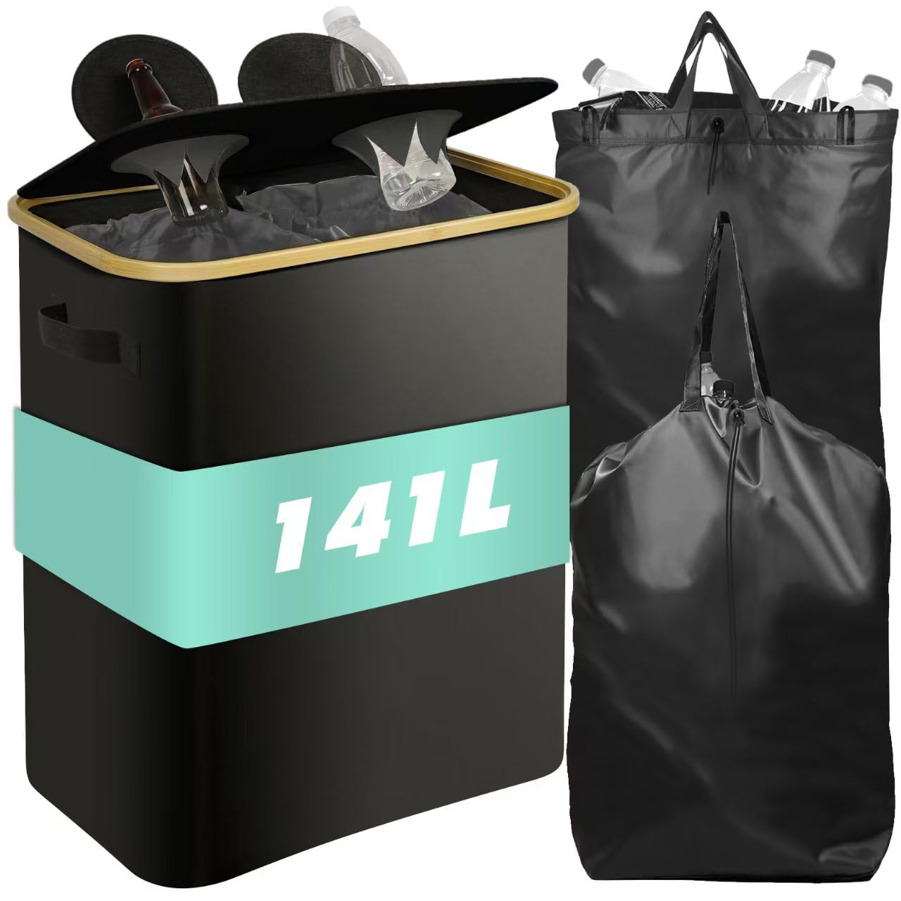 141L Pfandflaschen Sammelbehälter mit Deckel, Pfandflaschen Behälter mit Loch, 2 Fächer und 2 Tragetasche, Groß Faltbar Leergut Sammelbehälter zum Sortieren von Leergut, Altglas, Dosen, Schwarz Angebot bei HelloDeals