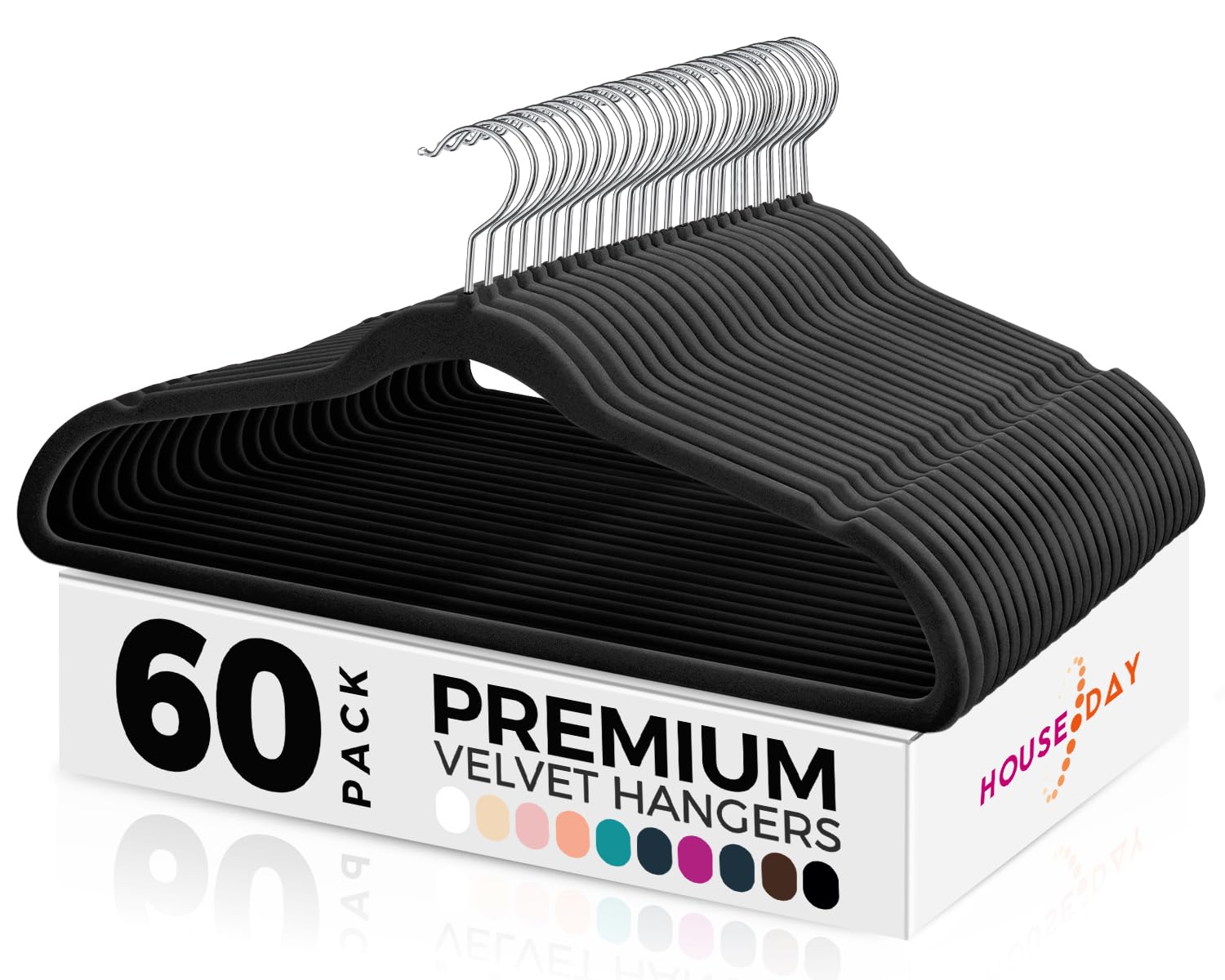 HOUSE DAY Schwarzer Kleiderbügel 60 Stück, Samt Kleiderbügel Rutschfester Filz Bügel -Platzsparende, Premium Schwarzer Anzugbügel, 360° Drehbarer Haken Schwarz 60 Stück Angebot bei HelloDeals
