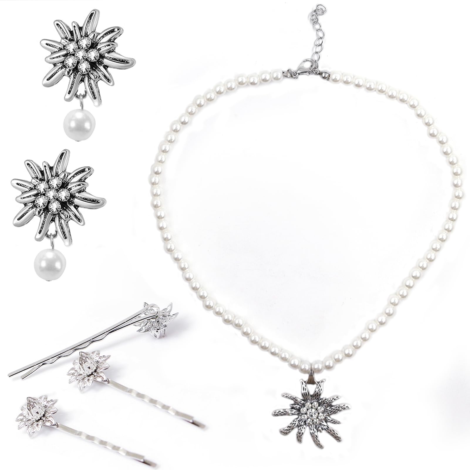 TaimeiMao Trachtenkette mit Strass Edelweiß Herz Anhänger, Edelweiß Armband und Edelweiß Ohrstecker (Anzug) Angebot bei HelloDeals