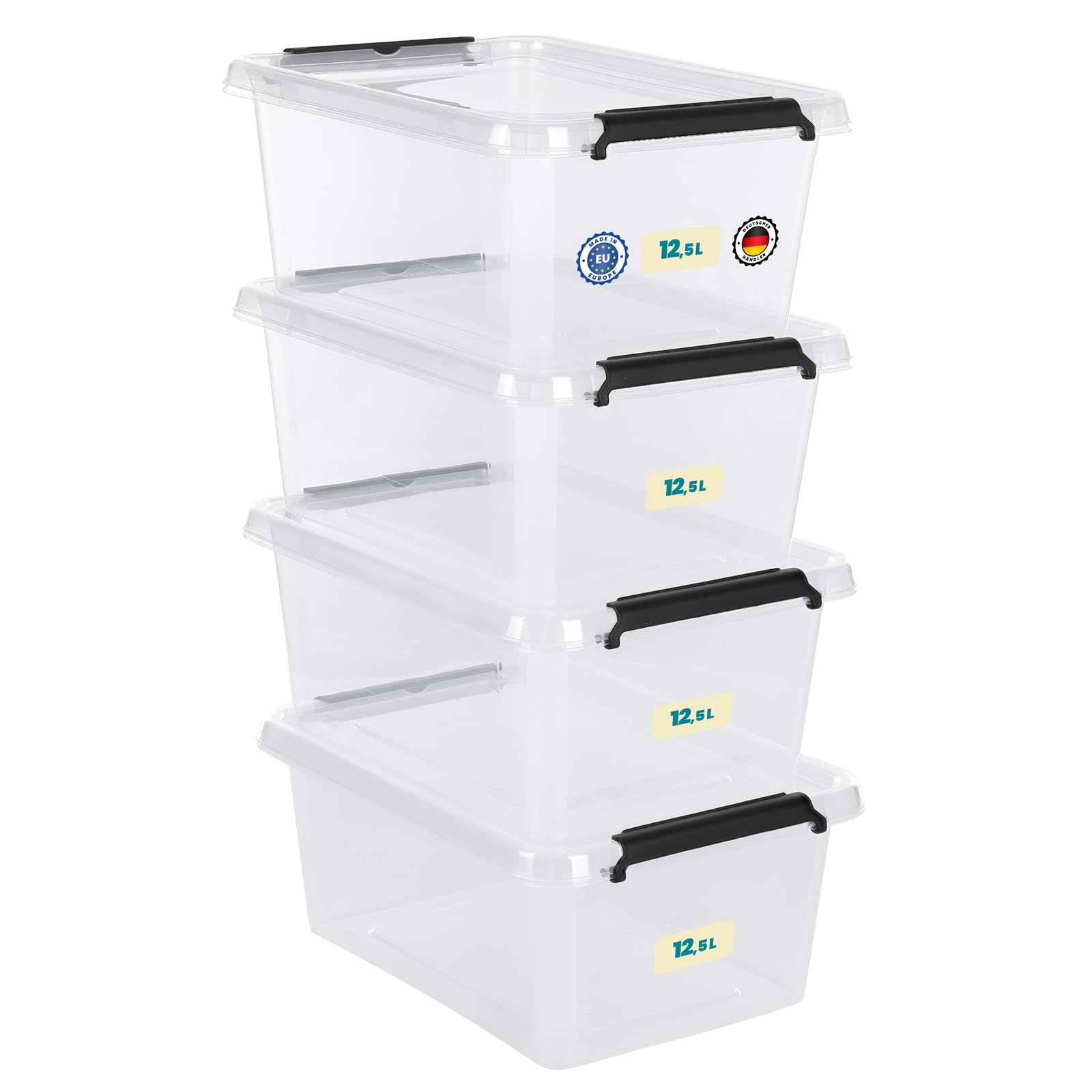 astor24 Aufbewahrungsboxen mit Deckel, 4x 12.5 L, transparente Boxen, lebensmittelechte Stapelboxen. Ideale Aufbewahrung für Büro, Kinderzimmer, Kleiderboxen -Plastikbox für Küche, Werkstatt 12.5 L | 4er Set Angebot bei HelloDeals