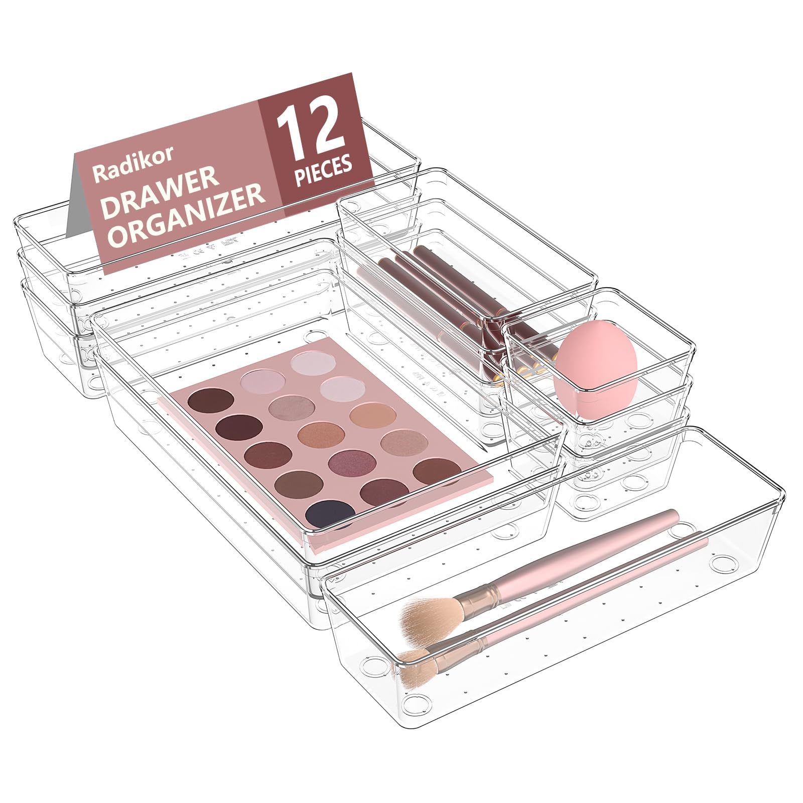 Radikor Schubladen Organizer, 12 Stücke Schminktisch Organizer in 4 Größen, Drawer Organizer, Make Up Organizer, Schubladen Ordnungssystem für Schreibtisch, Büro, Küchen, Bad 12 Pack Transparent Angebot bei HelloDeals