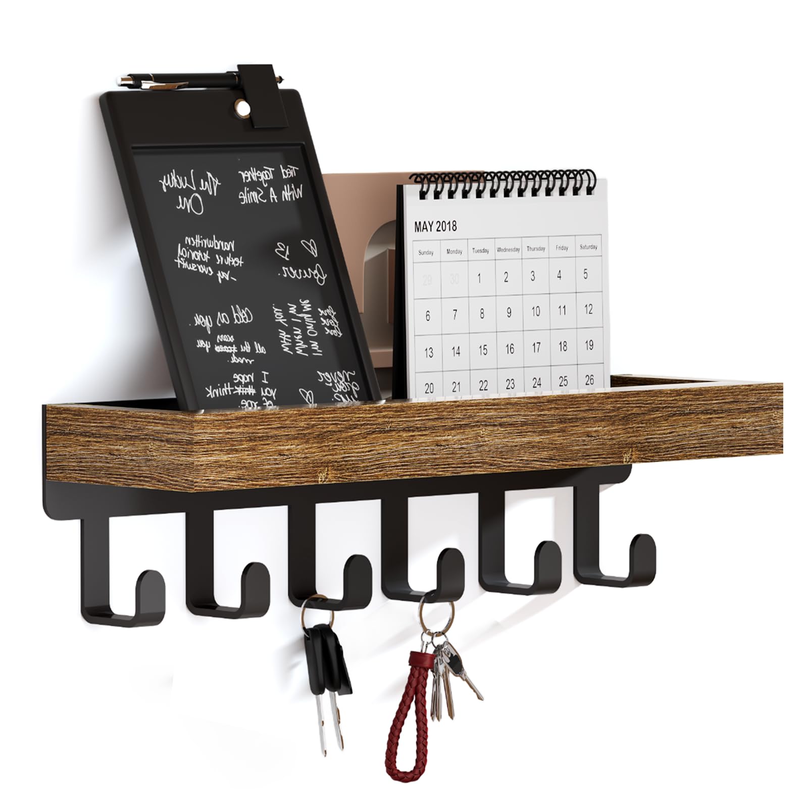 SWTYMIKI Schlüsselbrett mit Holztablett und 6 Haken - Multifunktionales Schlüsselhalter/Schlüsselboard, Schlüsselbrett mit Ablage für Flur, Schlafzimmer & Küche, Hängen Küchenbesteck 6 Haken Braun + Schwarz Angebot bei HelloDeals