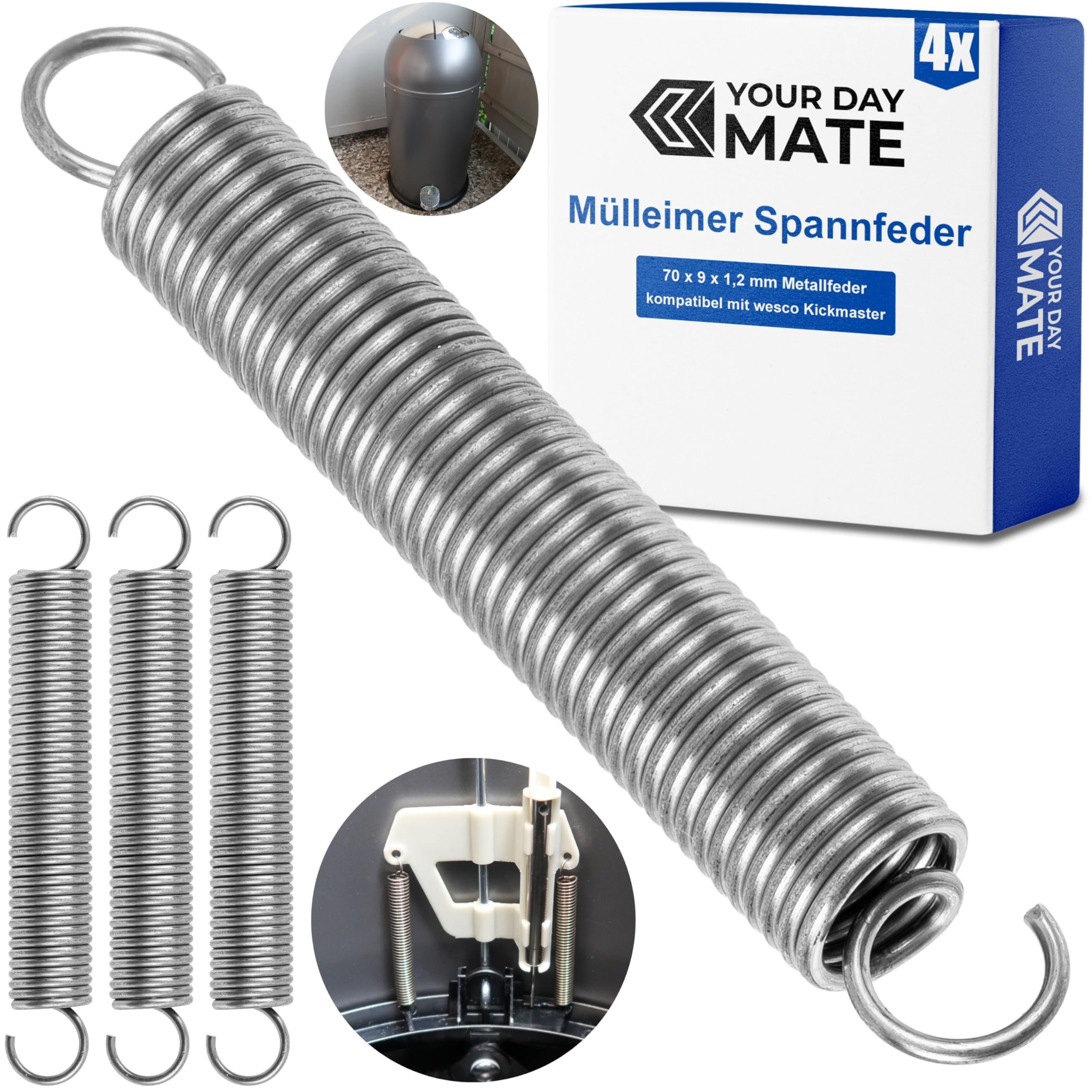 Ersatz Spannfeder für Mülleimer, 4 Stück, aus Federstahl, kompatibel mit wesco Kickmaster, 70 x 9 x 1,2 mm Metallfeder, Doppelhaken Ersatzfeder Set für Tretmülleimer, Mülltrenner Fußpedal Zugfeder Angebot bei HelloDeals
