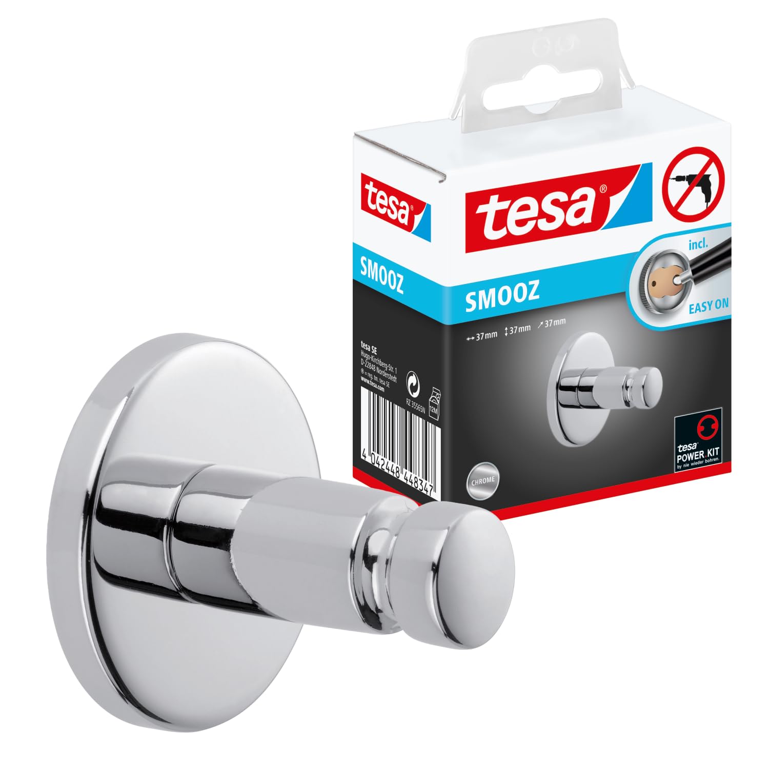 tesa SMOOZ Klebehaken, verchromt, runde Form - Bad-Haken zur Wandbefestigung ohne Bohren, inkl. Klebelösung - 37 mm x 37 mm x 37 mm rund Klebehaken Angebot bei HelloDeals