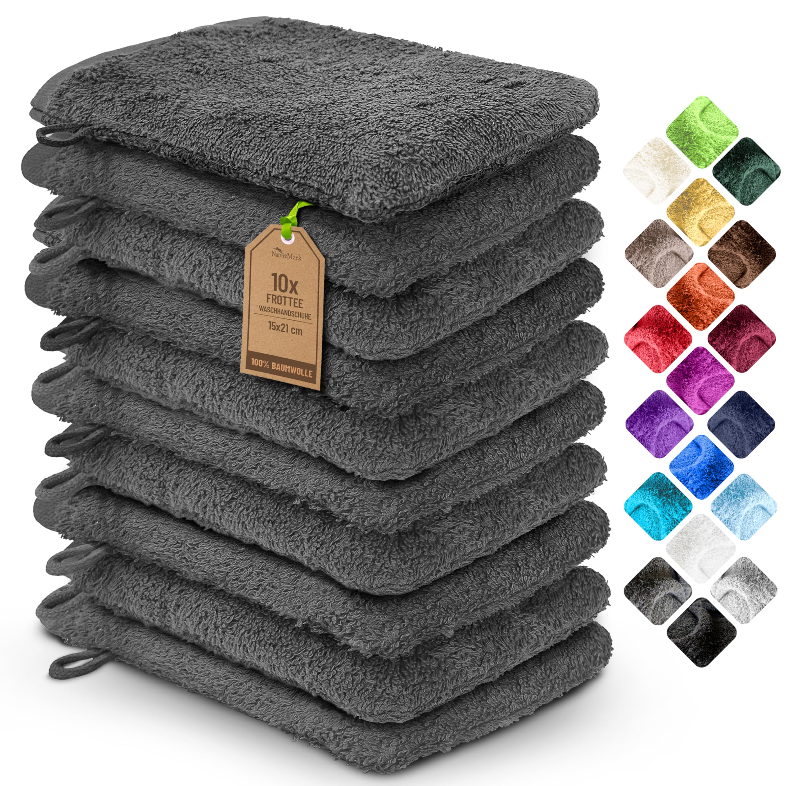 NatureMark 10x Waschhandschuhe aus Frottee 100% Baumwolle – Weich und Robust, Ideal für die tägliche Pflege und Gäste – Anthrazit Grau, 15x21 cm Angebot bei HelloDeals