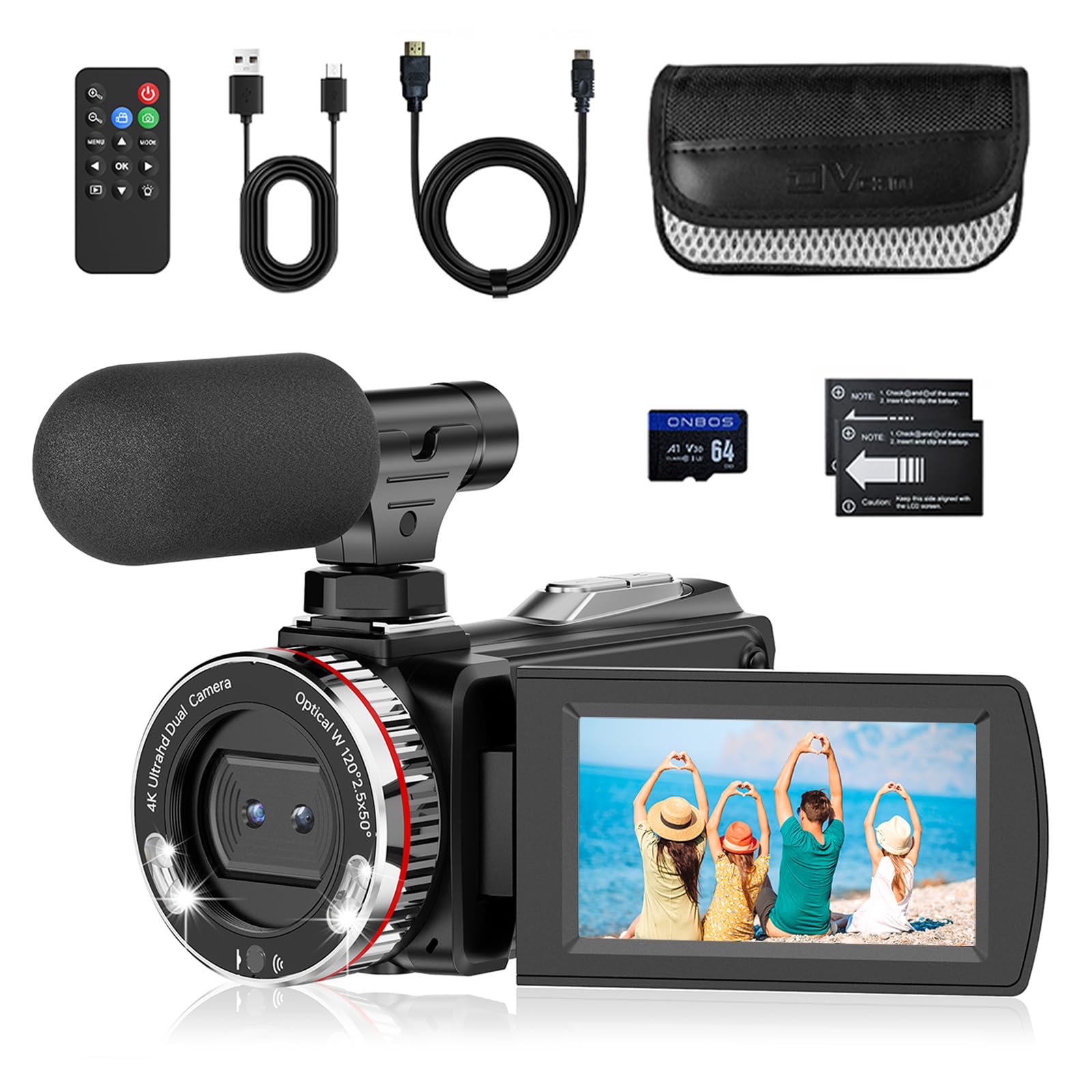 Videokamera 4K 60FPS Camcorder, 48MP 21X Digitalzoom Vlogging Kamera für YouTube, 3.0'' 270°Drehbarer Screen Vlog Camera, Video Kamera mit Externem Mikrofon, Fernbedienung, 64 GB Karte, 2 Batterien Angebot bei HelloDeals
