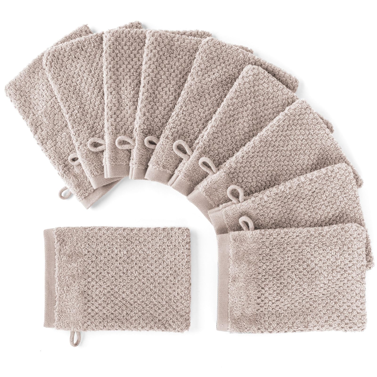 Pure Label 10-TLG. Waschhandschuh Waschlappen Set mit Anhängeschlaufe aus 100% Baumwolle, saugstark, weich und Oeko-TEX Zertifiziert - 10 Waschlappen aus Baumwolle 16x21cm, Stein - Taupe Waschlappen 16x21cm - 10er Set 03 Stein Angebot bei HelloDeals