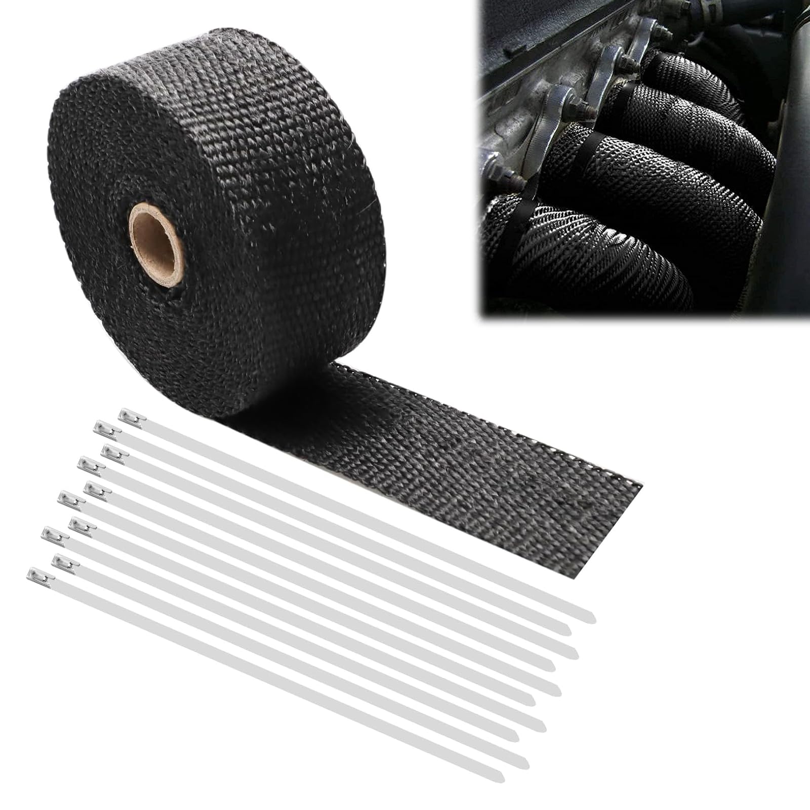 Schwarzes Auspuffband, Auspuff-Hitzeschutzband, Basaltfaser-Isolierband, Hitzebeständiger Auspuffverband, Mit 10 Kabelbindern, Geeignet für Motorrad- und Auto-Auspuffkrümmer, Auspuffanlagen Angebot bei HelloDeals