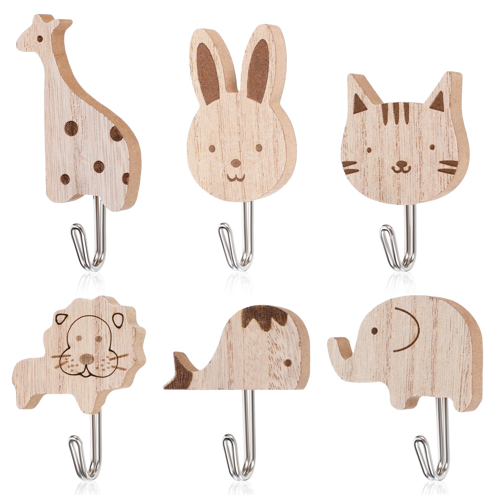 HJZHII 6 Stück Süße Tier Kleiderhaken, Selbstklebende Hölzerne Tier Cartoon Wandhaken Elefant Wal Katze Löwe Kaninchen Giraffe Garderobenhaken Kinder Für Schlafzimmer Badezimmer Küche Stil 1 Angebot bei HelloDeals