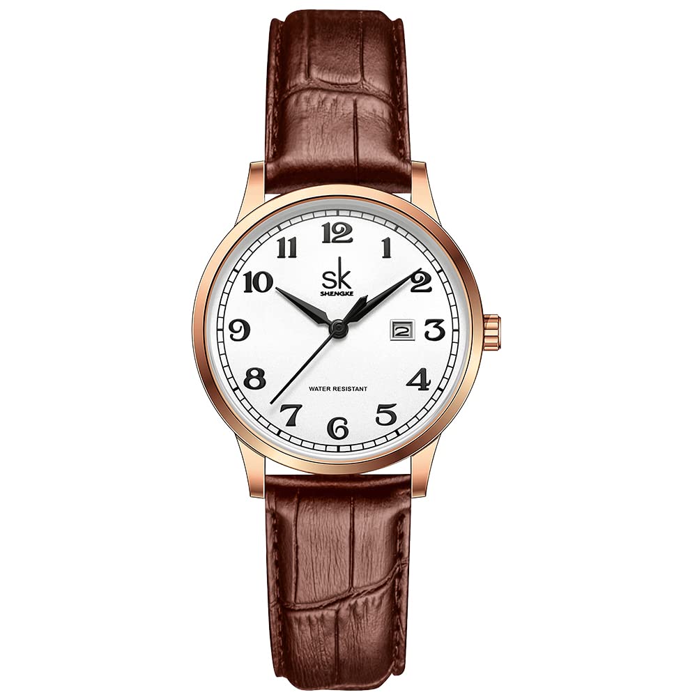 SHENGKE SK Klassische Business Damenuhren mit Edelstahlband und eleganter Damenuhr aus echtem Leder Rosegold-brown Angebot bei HelloDeals